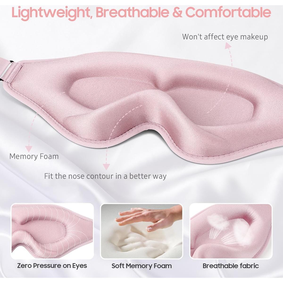 Máscara para dormir BeHoomi 3D rosa, ajuste ergonómico