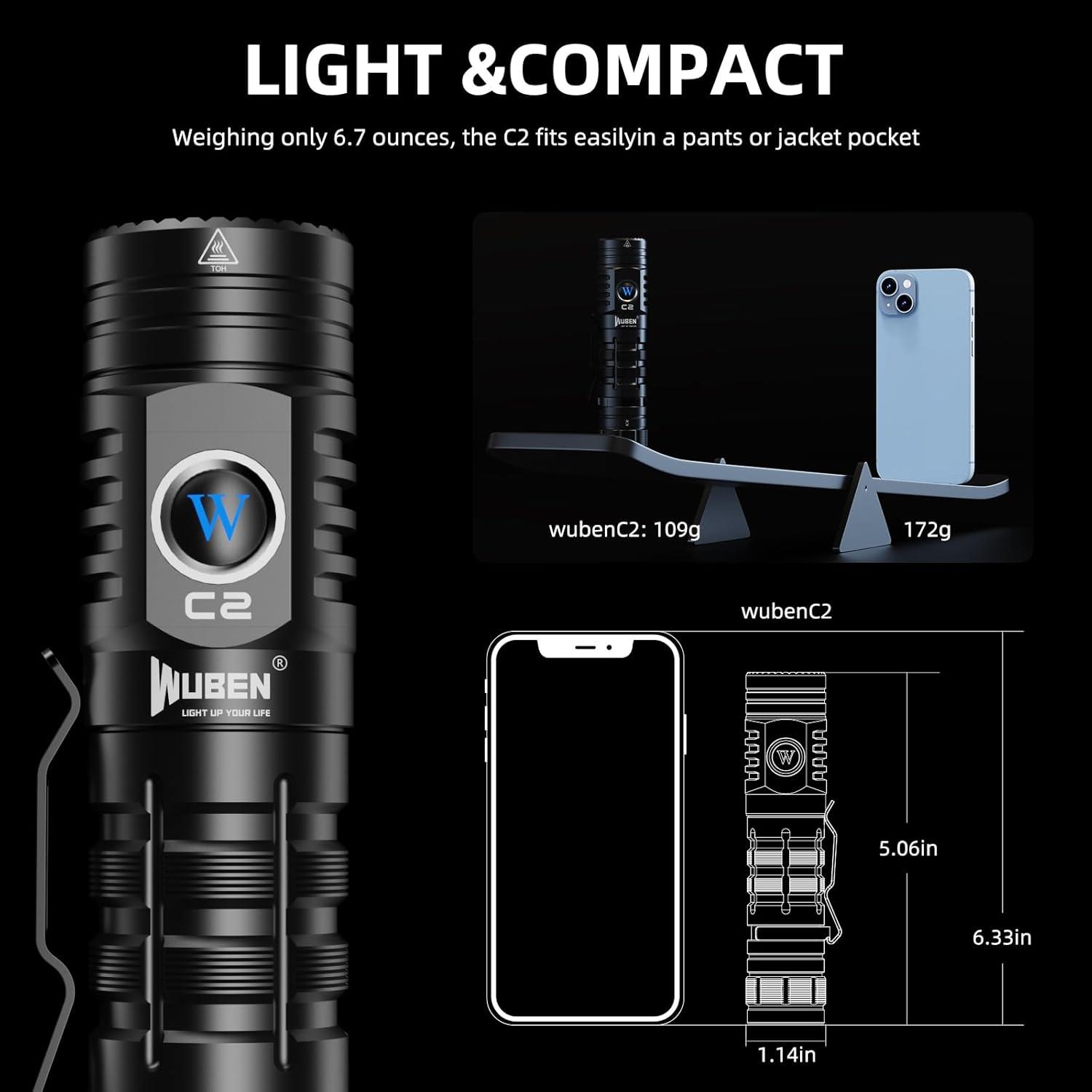 Linterna Recargable WUBEN C2 2000 Lúmenes LED Táctica IP68