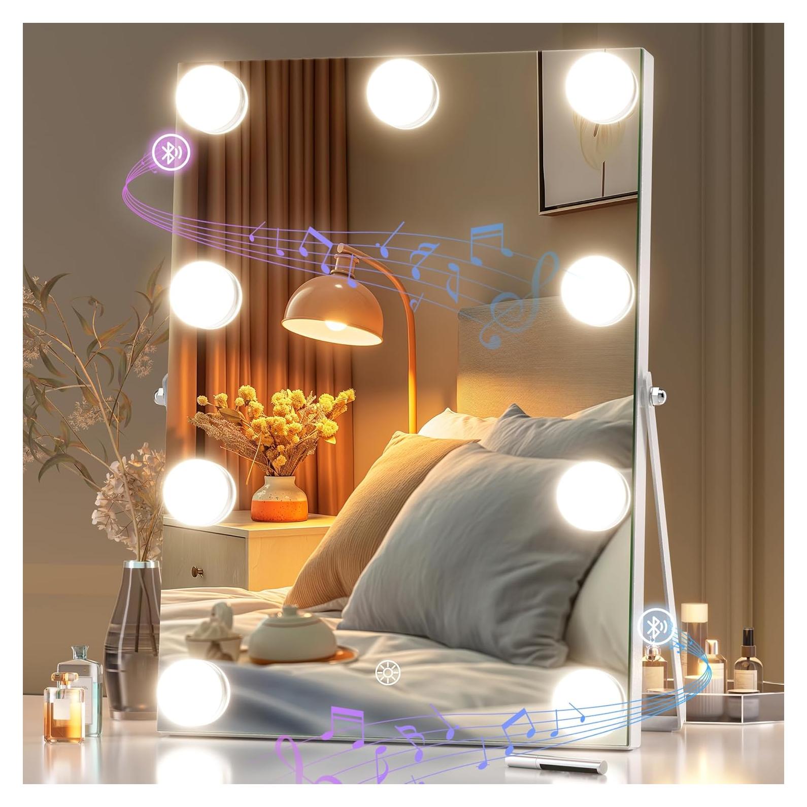 Espejo de tocador Hasipu con luces y altavoz Bluetooth 25x35cm