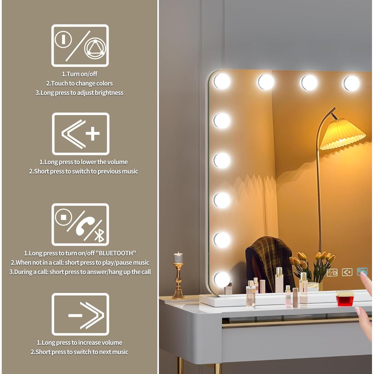 Espejo de tocador Hasipu con luces y altavoz Bluetooth 80x60cm