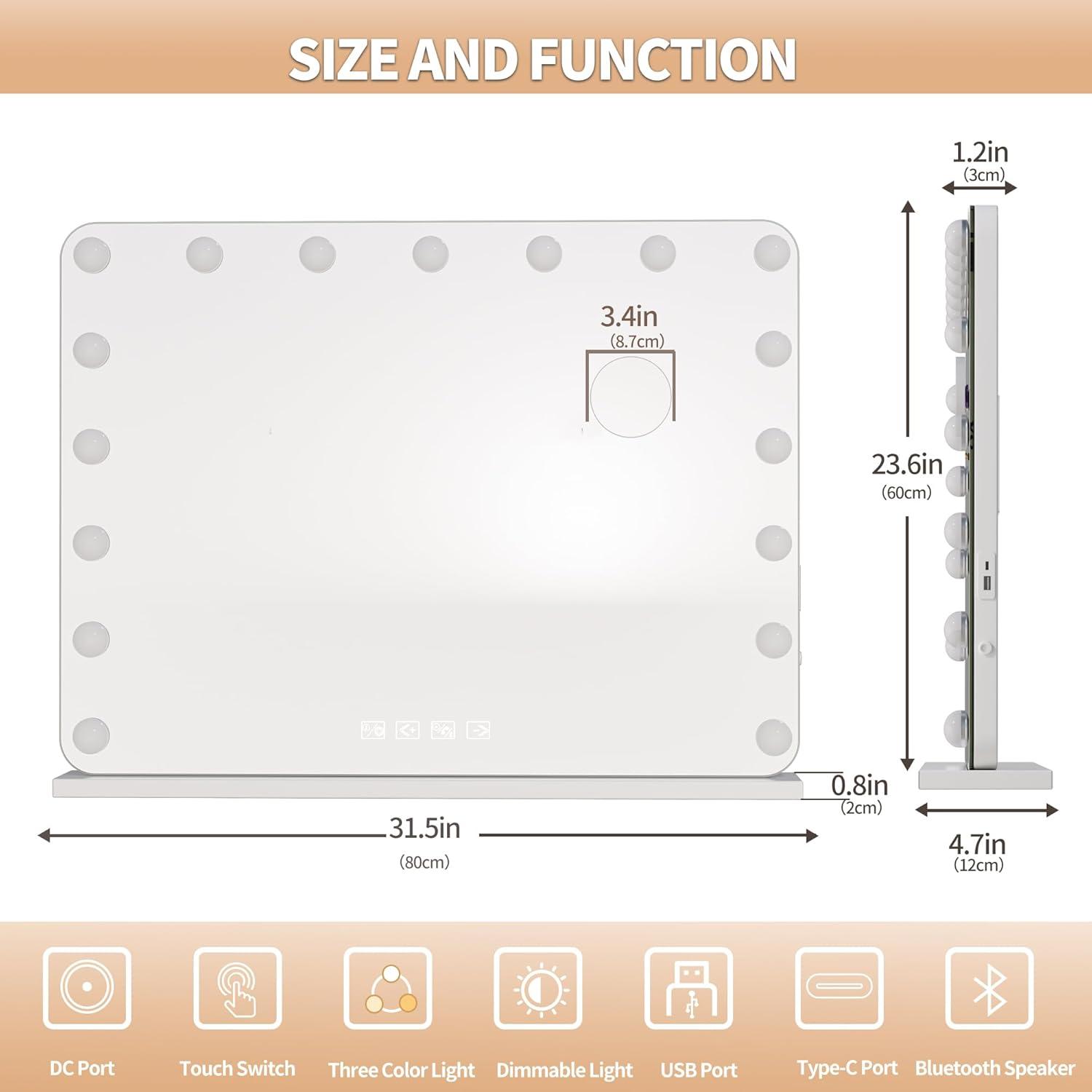Espejo de tocador Hasipu con luces y altavoz Bluetooth 80x60cm
