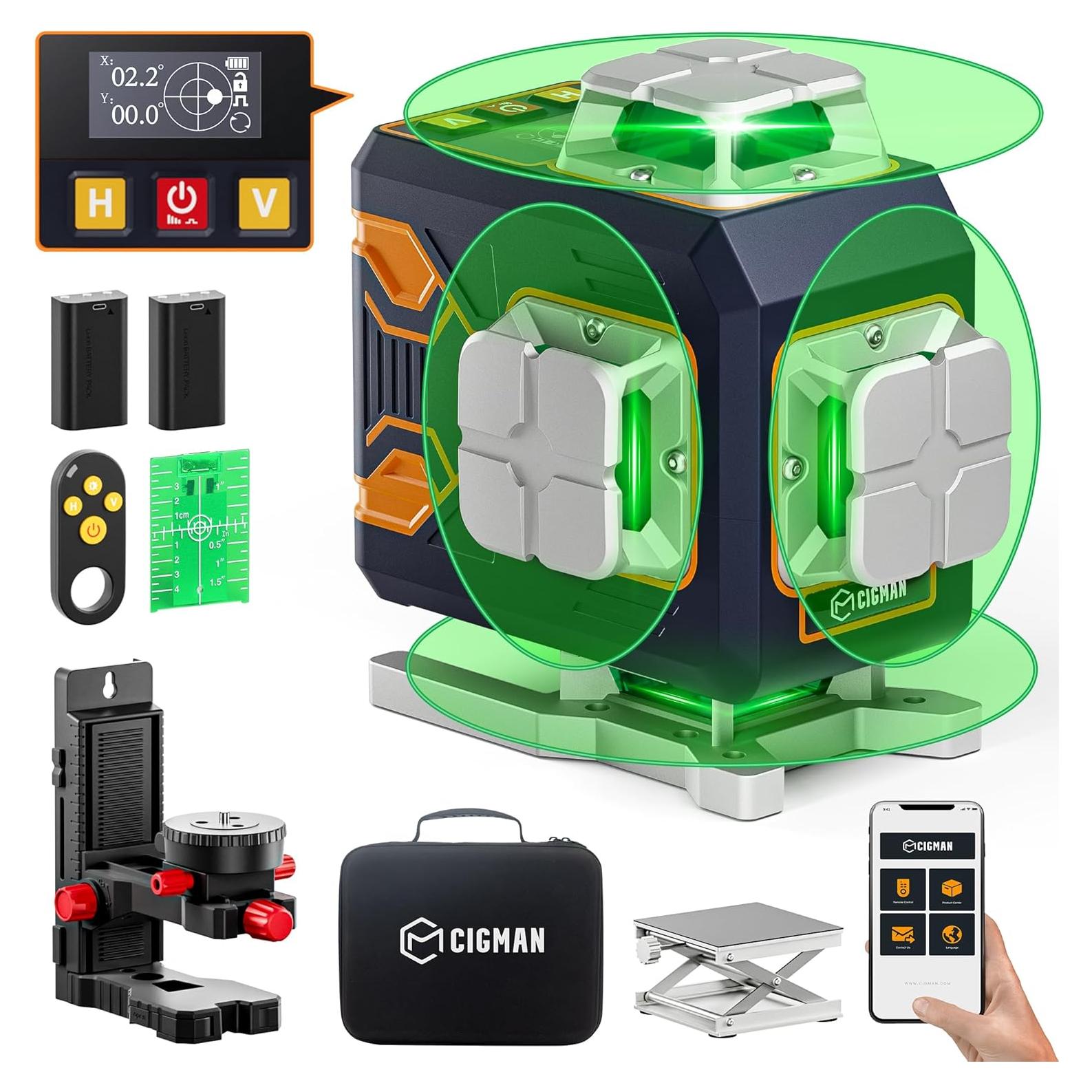 CIGMAN 4x360° 16 Lines Laser Level with Remote&APP Control, Green Self Leveling Cross Line Laser, 4D Vertical/Horizontal Line for Construction, Home Renovation, Picture Hanging