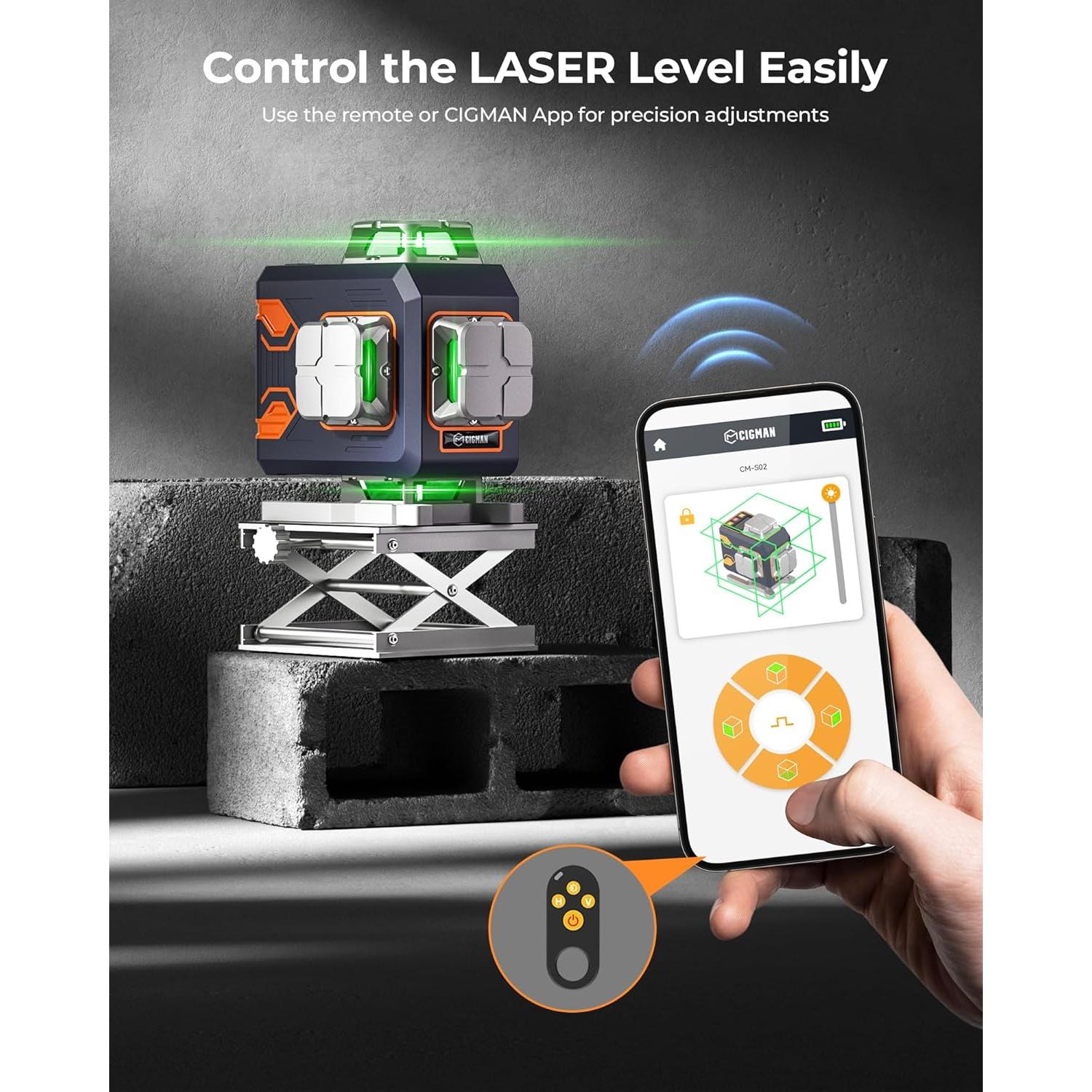 CIGMAN 4x360° 16 Lines Laser Level with Remote&APP Control, Green Self Leveling Cross Line Laser, 4D Vertical/Horizontal Line for Construction, Home Renovation, Picture Hanging