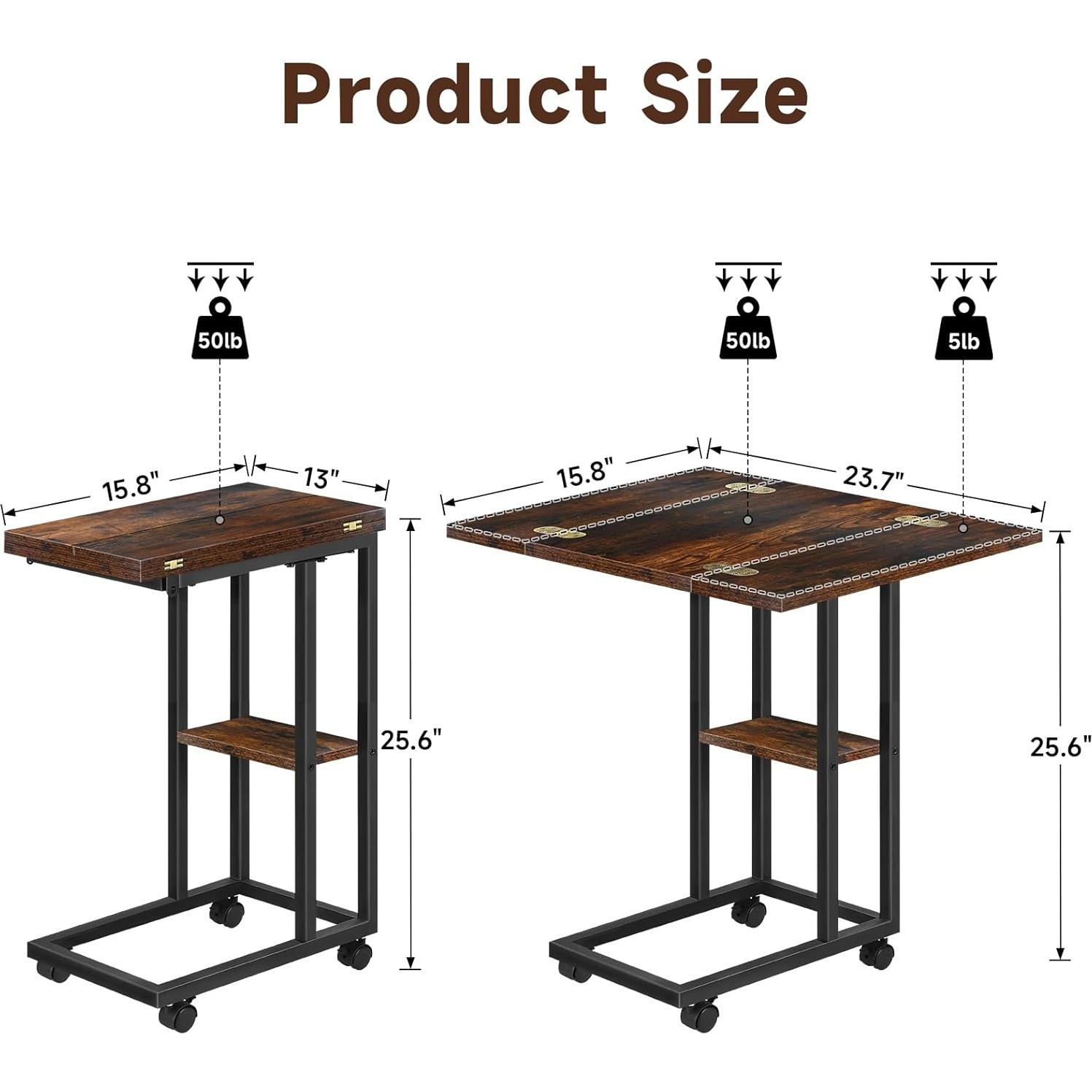 Mesa lateral en forma de C AWSL con ruedas y estante 65 cm
