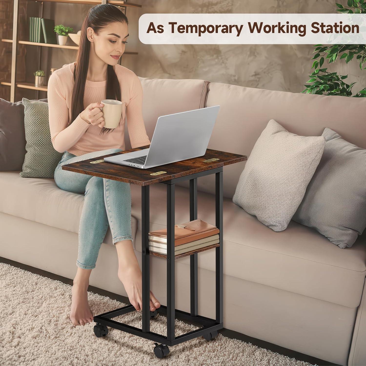 Mesa lateral en forma de C AWSL con ruedas y estante 65 cm