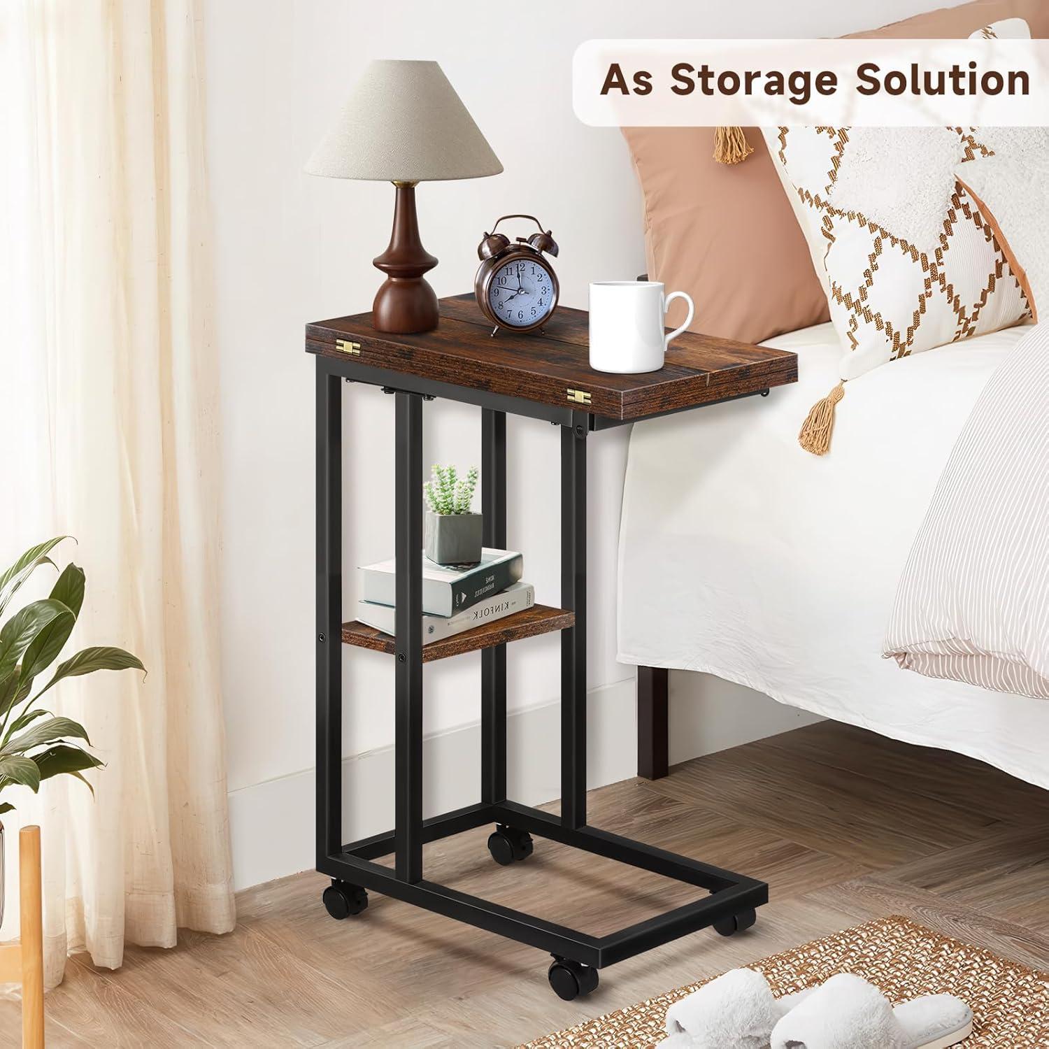 Mesa lateral en forma de C AWSL con ruedas y estante 65 cm