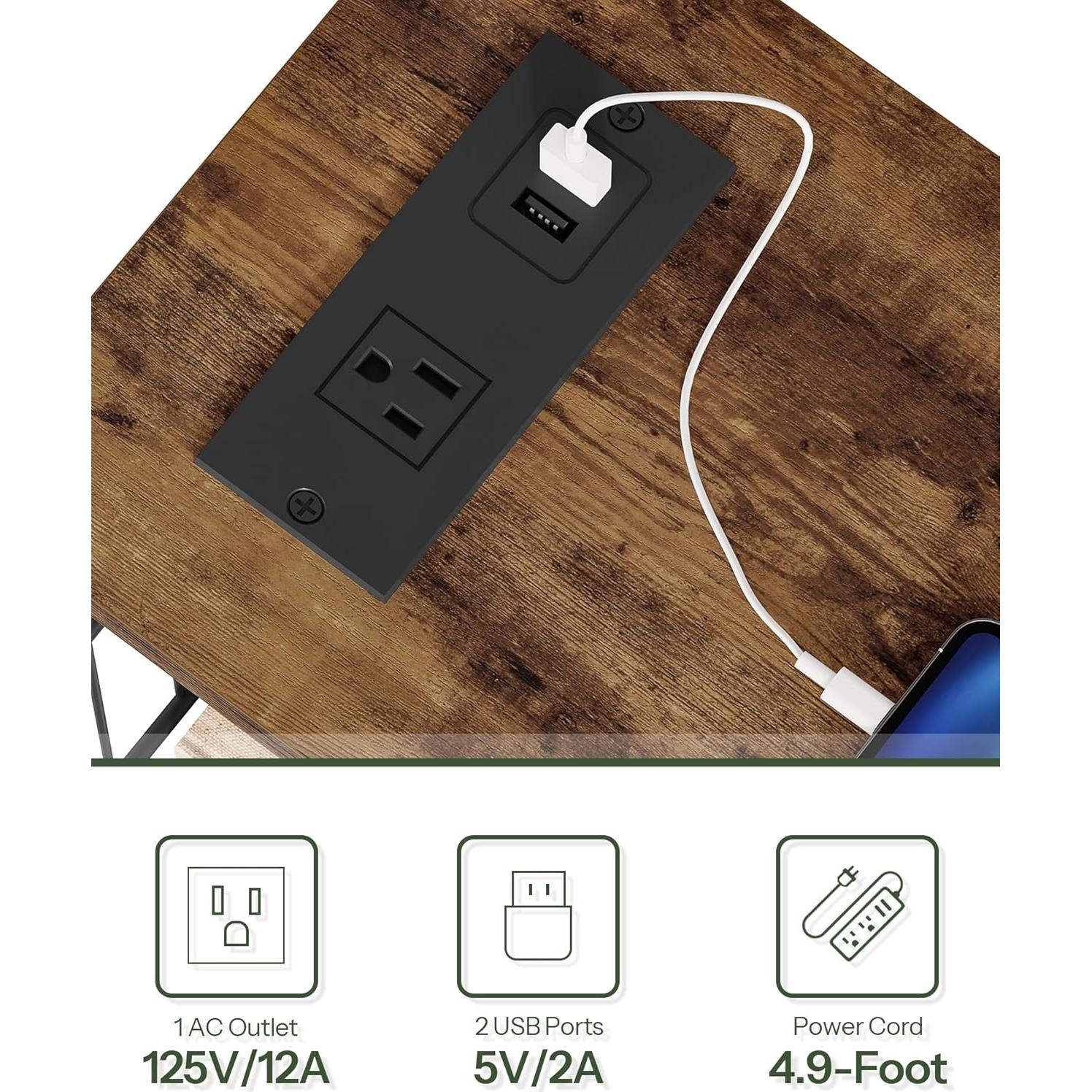 Mesa Lateral Plegable CHOEZON Marrón Rústico con Carga USB