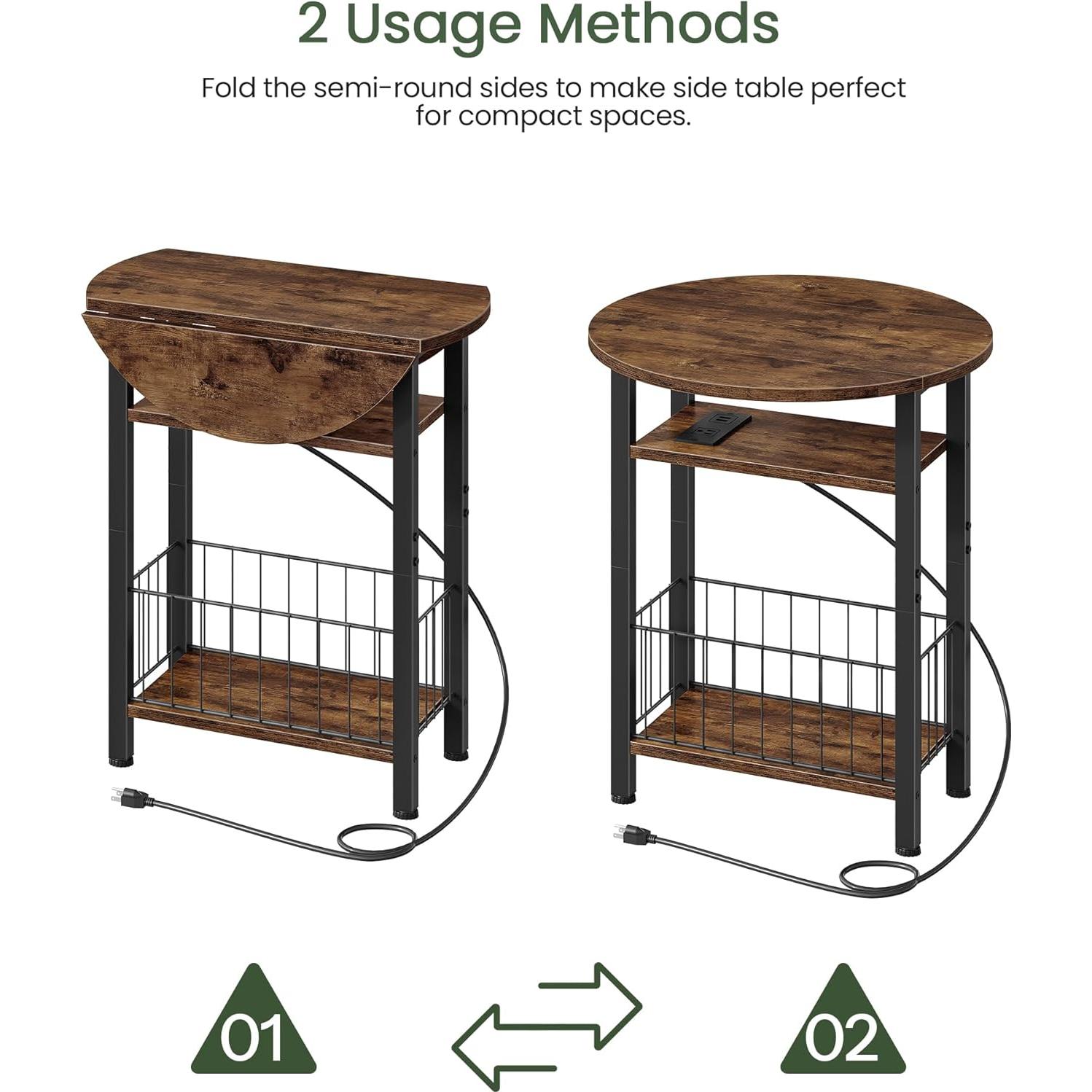 Mesa Lateral Plegable CHOEZON Marrón Rústico con Carga USB