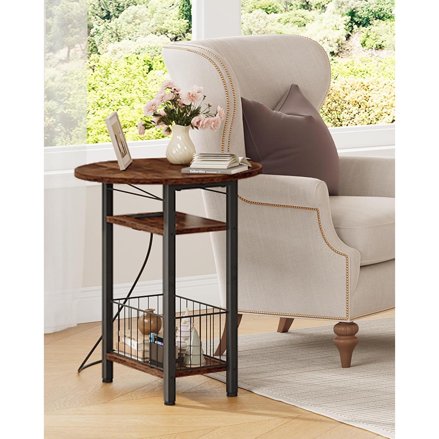 Mesa Lateral Plegable CHOEZON Marrón Rústico con Carga USB