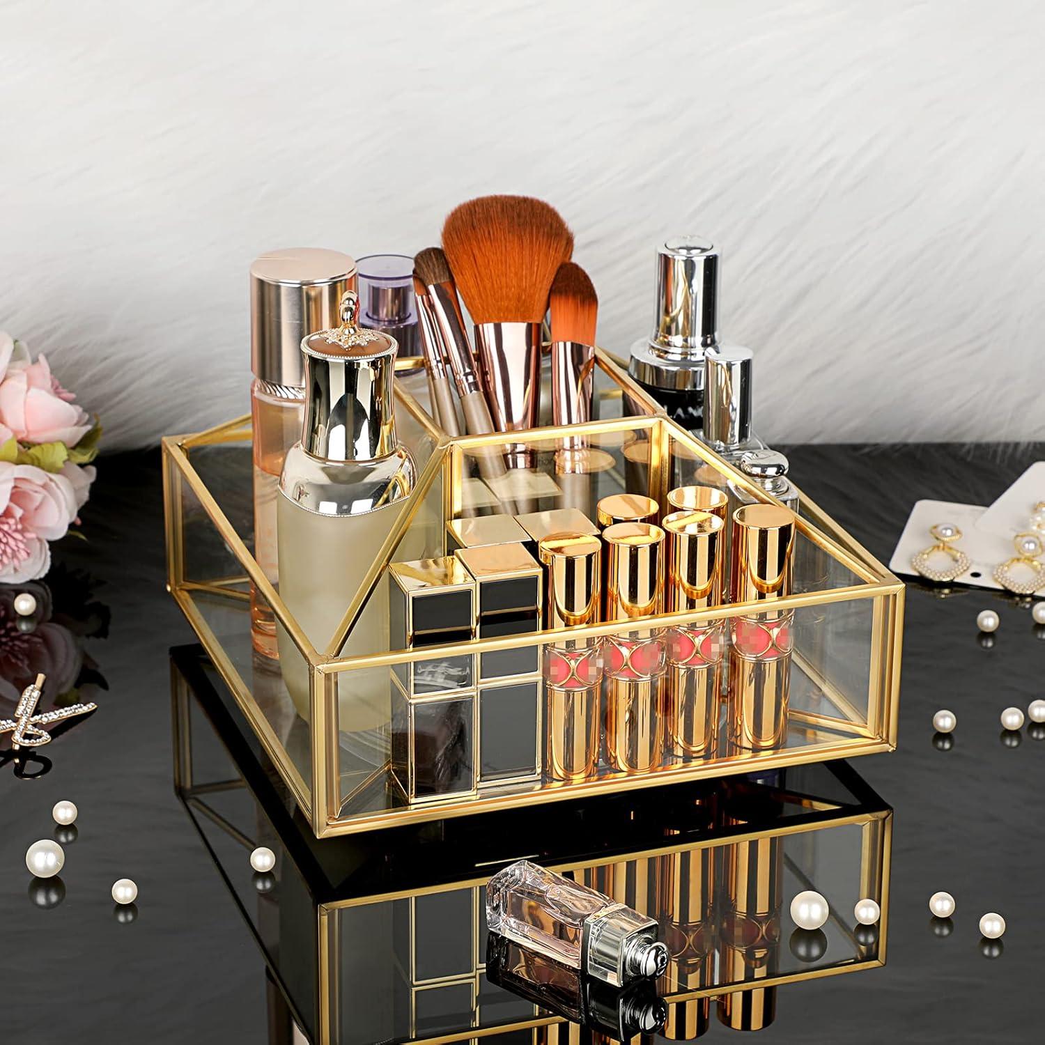 Organizador de Maquillaje Rotatorio 360 Hipiwe Dorado Vidrio