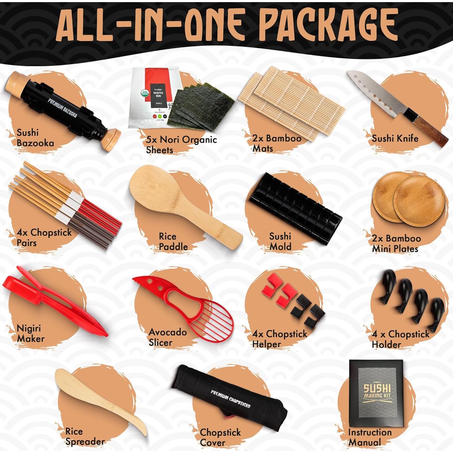 Kit de Hacer Sushi Primely con Bazooka y Estera de Bambú