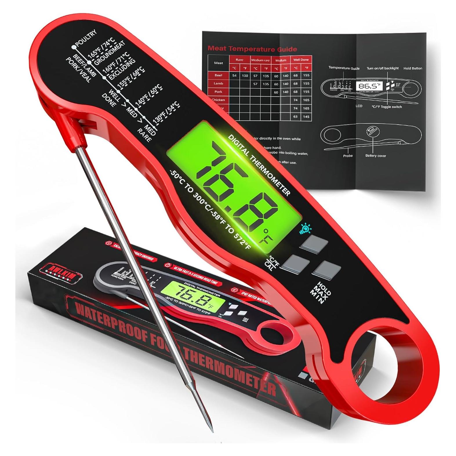 Termómetro Digital de Carne Impermeable - Rojo - Preciso y Rápido