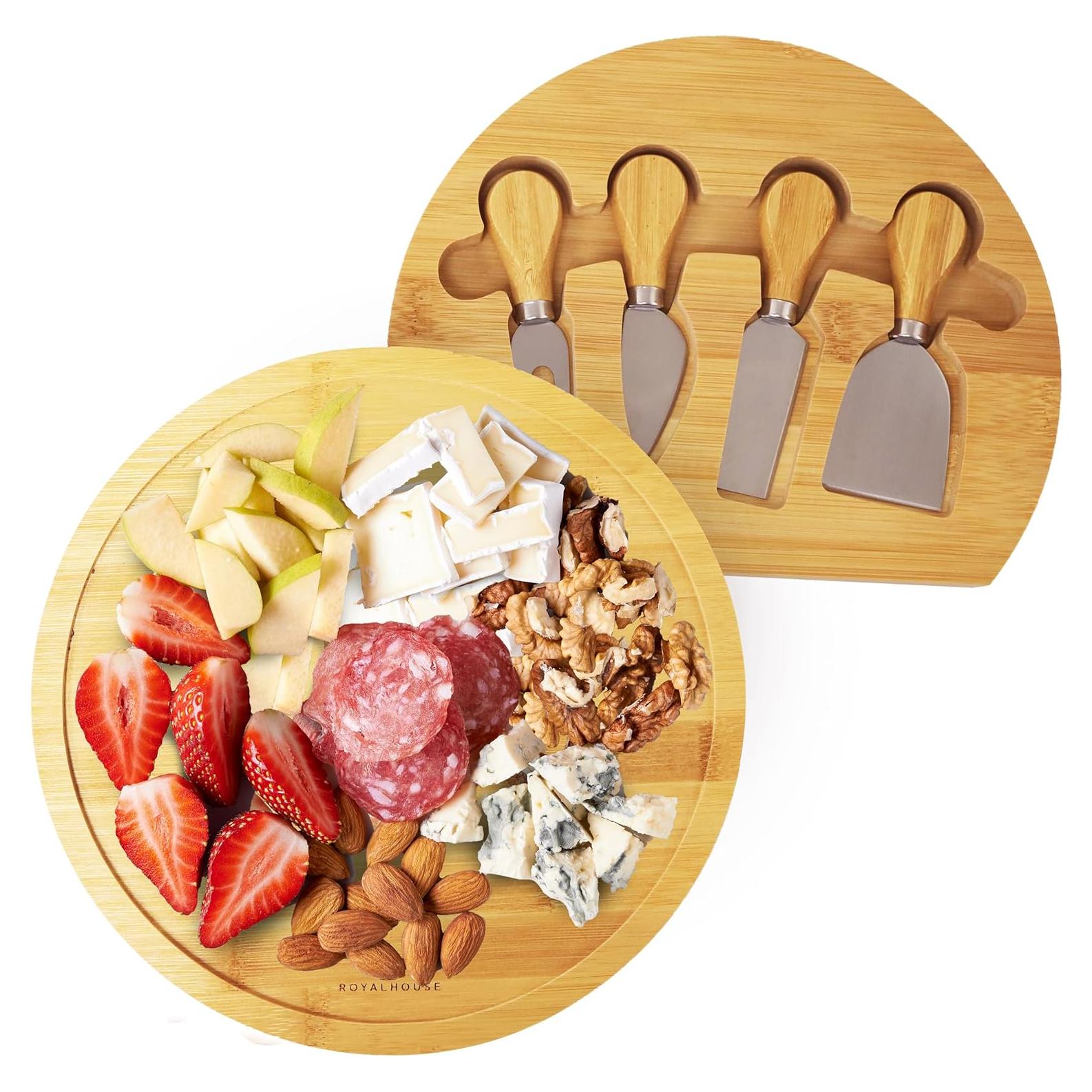 Tablero de Queso Redondo de Bambú RoyalHouse con 4 Cuchillos