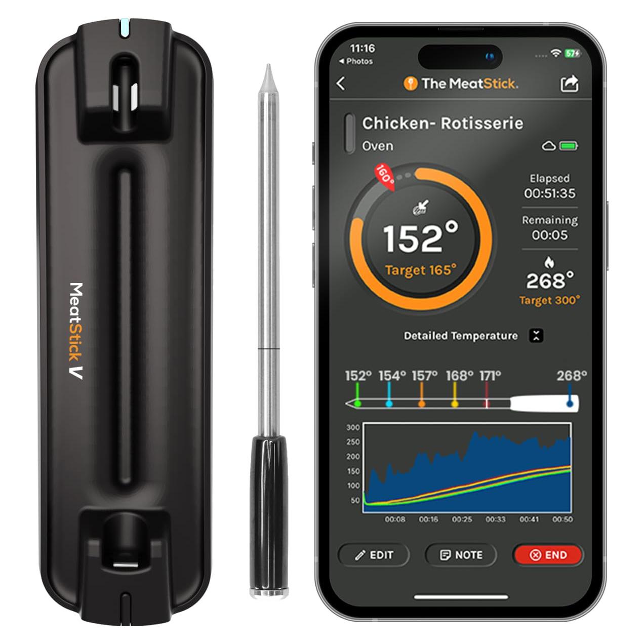 Termómetro de Carne Inalámbrico MeatStick V, 648°C, WiFi/Bluetooth
