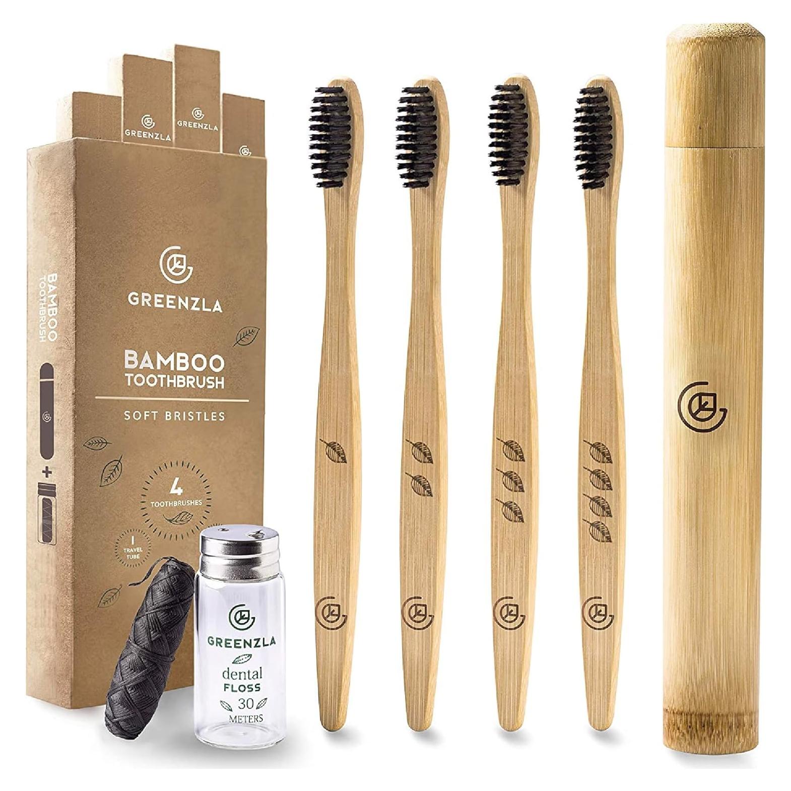 Cepillos de Dientes de Bambú Greenzla, Paquete de 4 Unidades