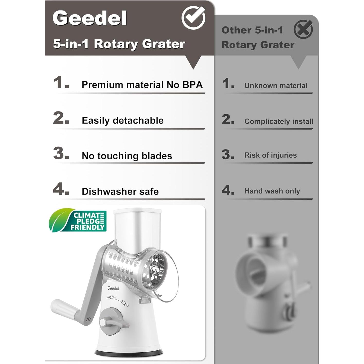 Rallador de Queso Rotativo Geedel 5 en 1 con Succión Fuerte