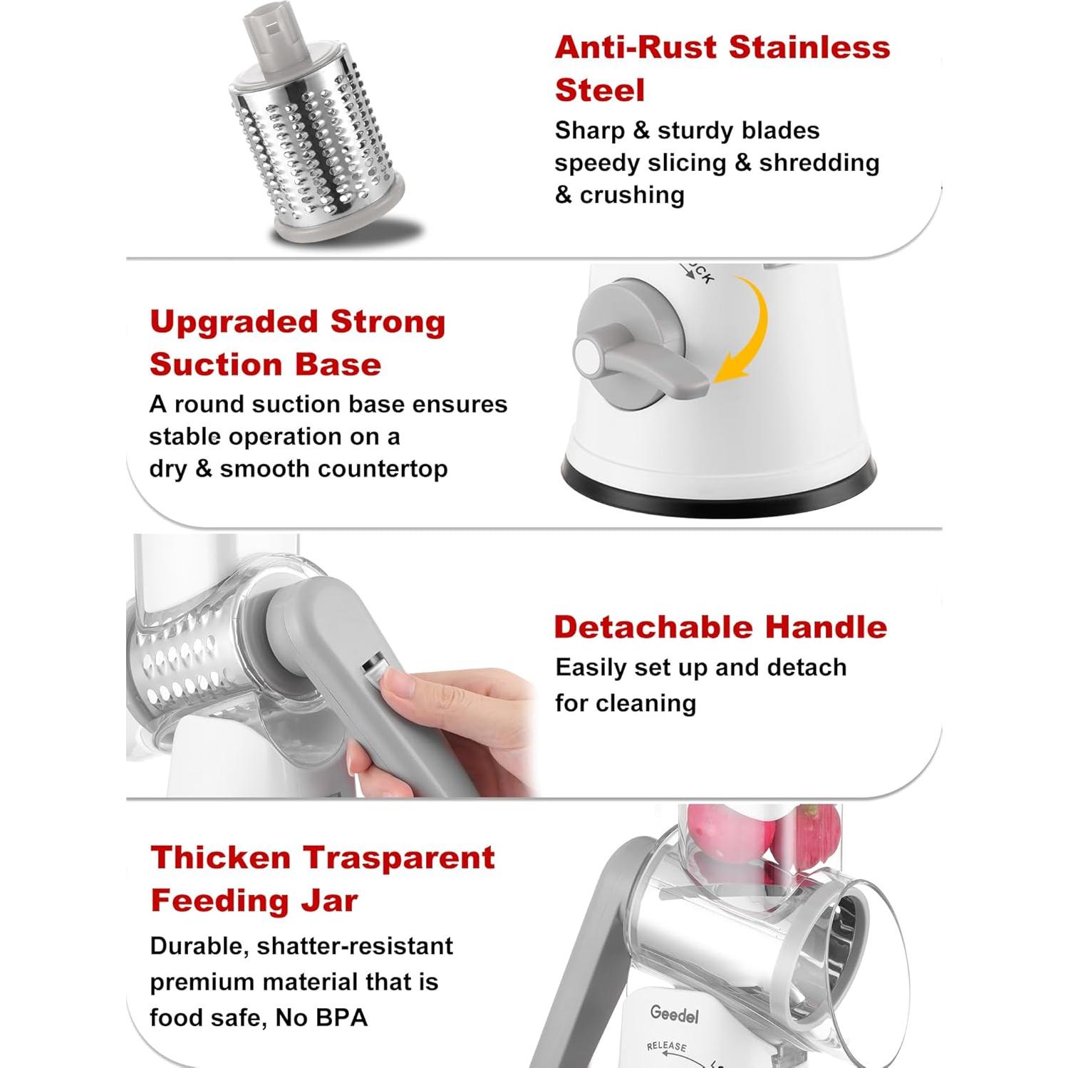 Rallador de Queso Rotativo Geedel 5 en 1 con Succión Fuerte