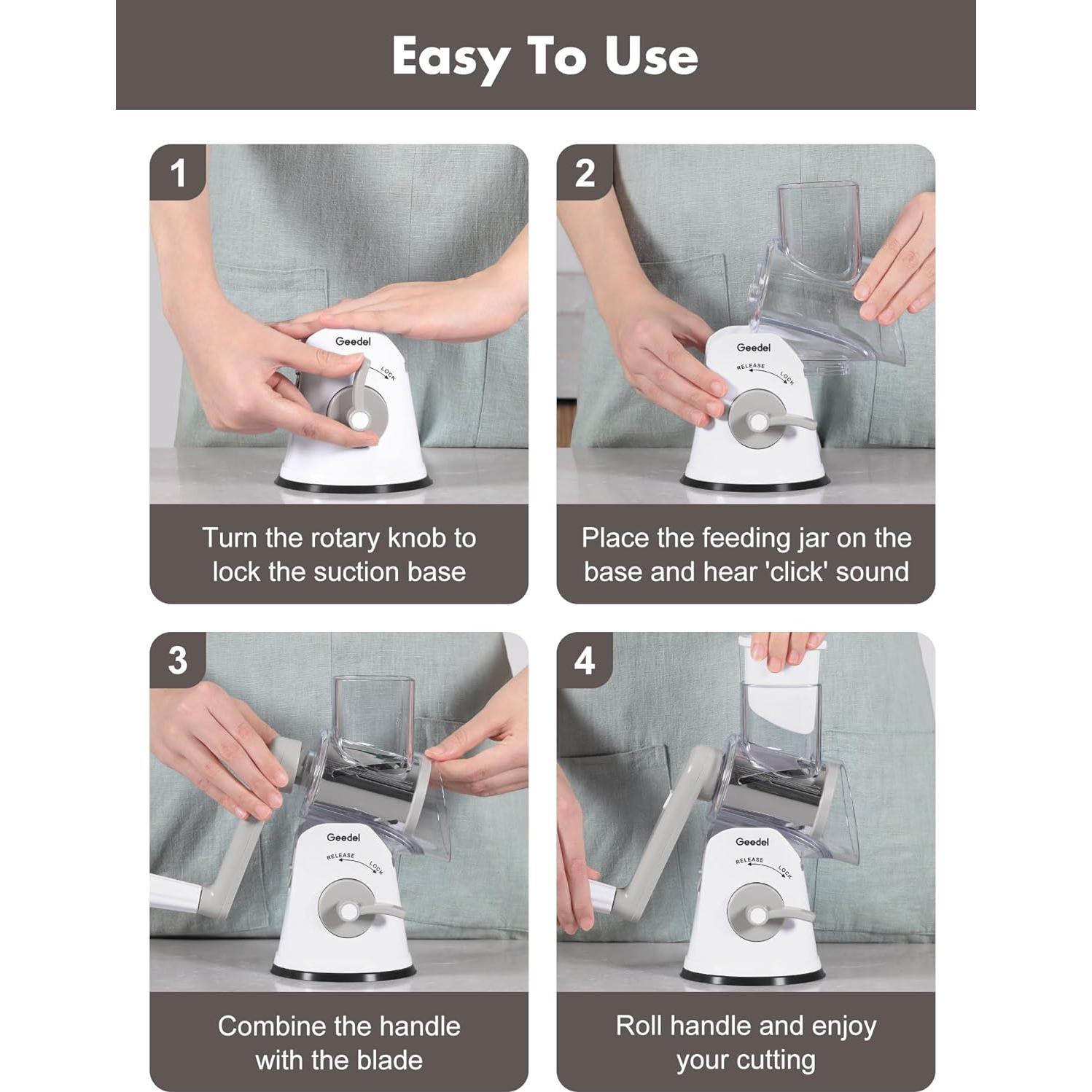 Rallador de Queso Rotativo Geedel 5 en 1 con Succión Fuerte