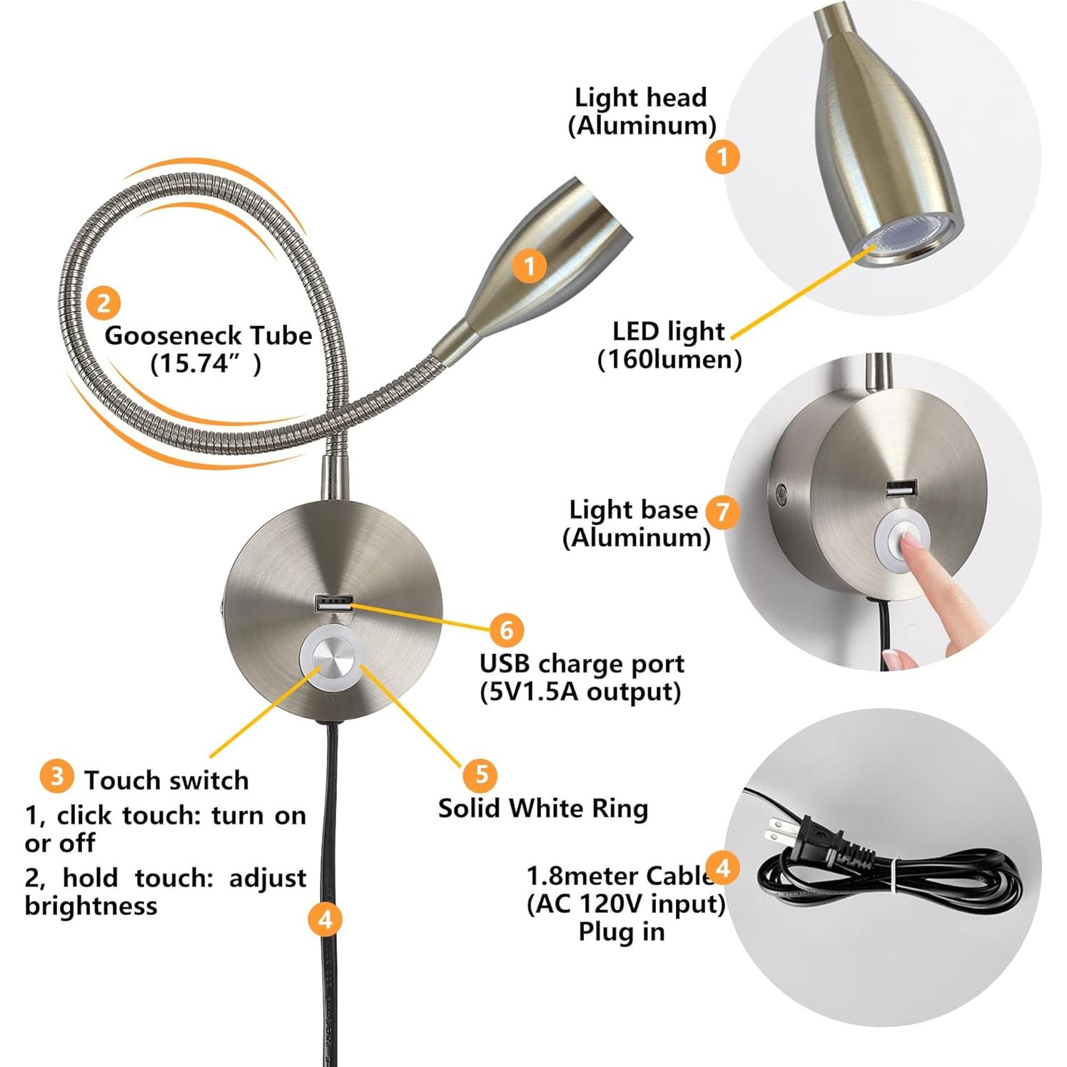 Luz de lectura LED regulable CRISETEK 3W cuello de ganso