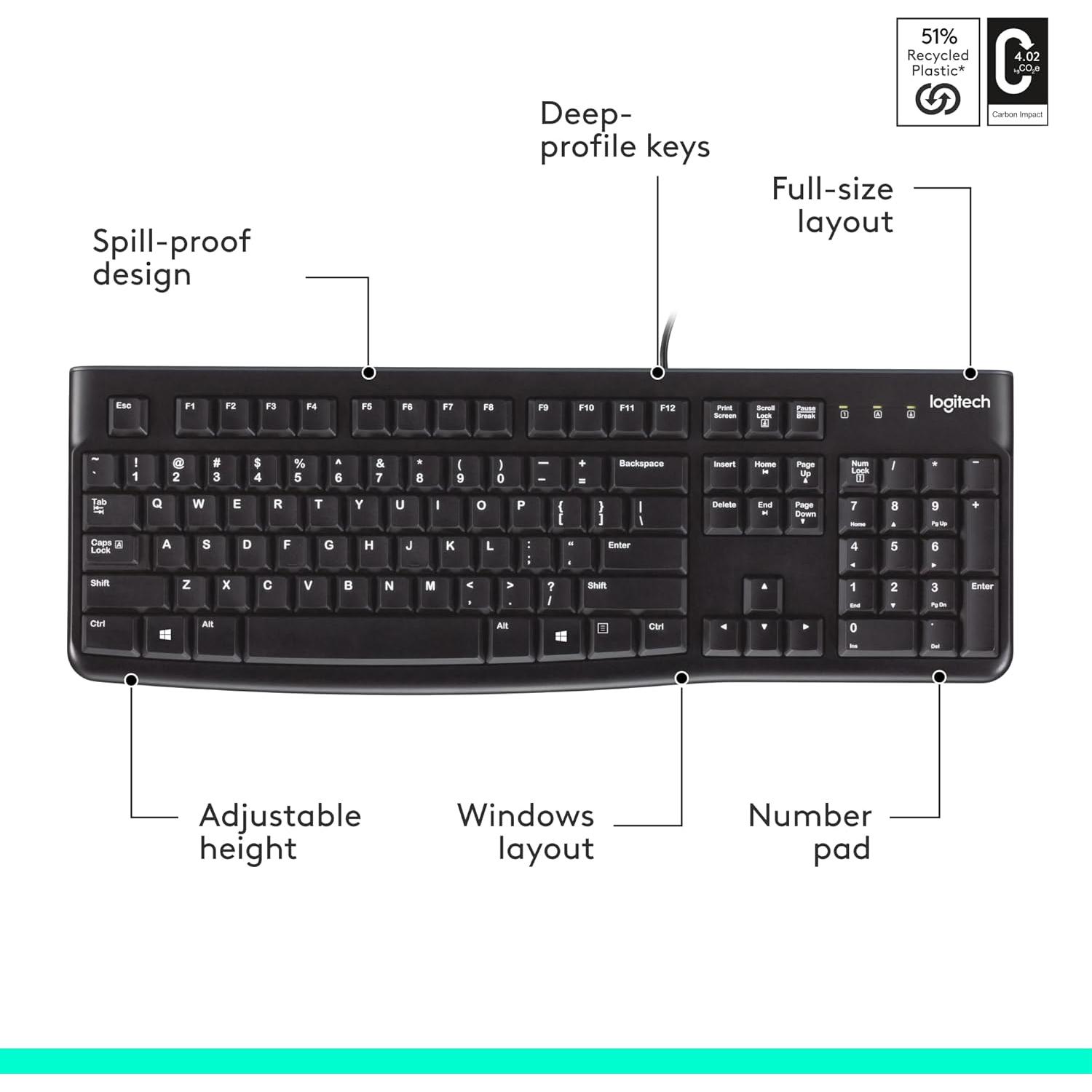 Teclado Logitech K120 con cable USB resistente a derrames