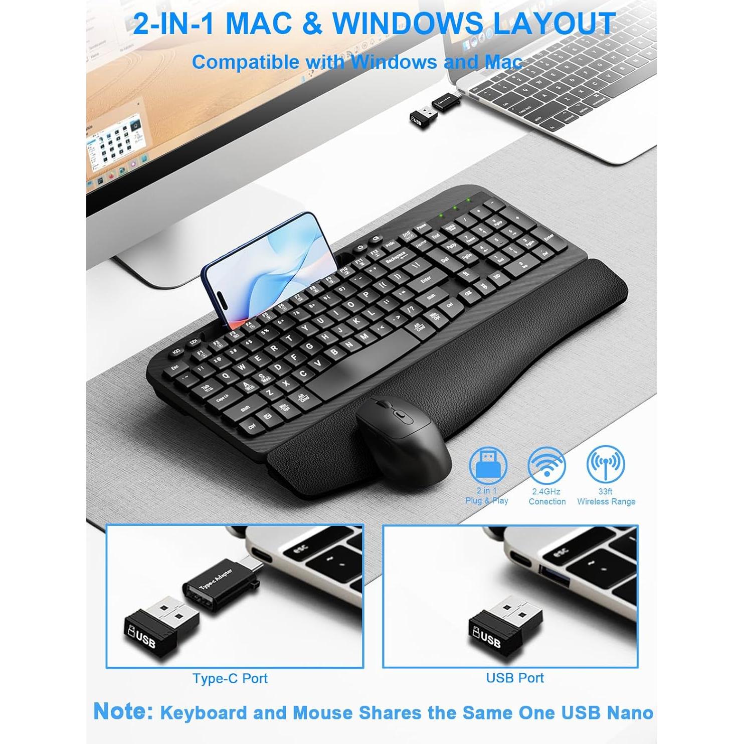 Combo Teclado y Ratón Inalámbrico Ergonomico Hayyiesh Negro