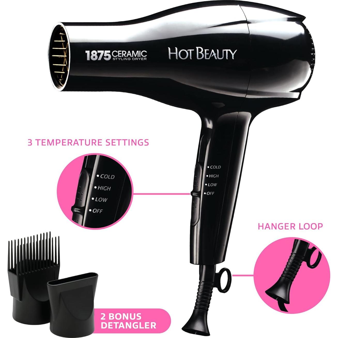 Secador de Pelo Cerámico Hot Beauty 1875W con Accesorios