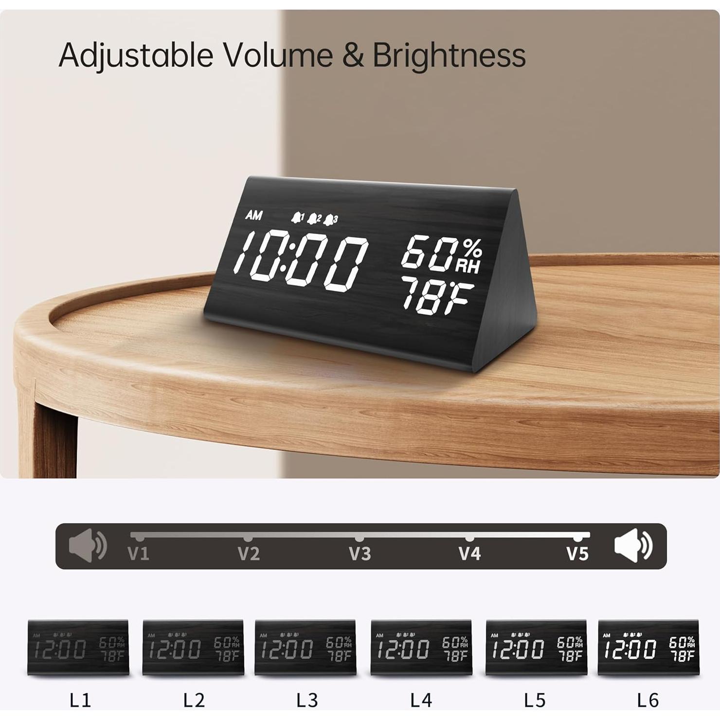 Reloj Despertador Digital JALL de Madera con Alarma Triple