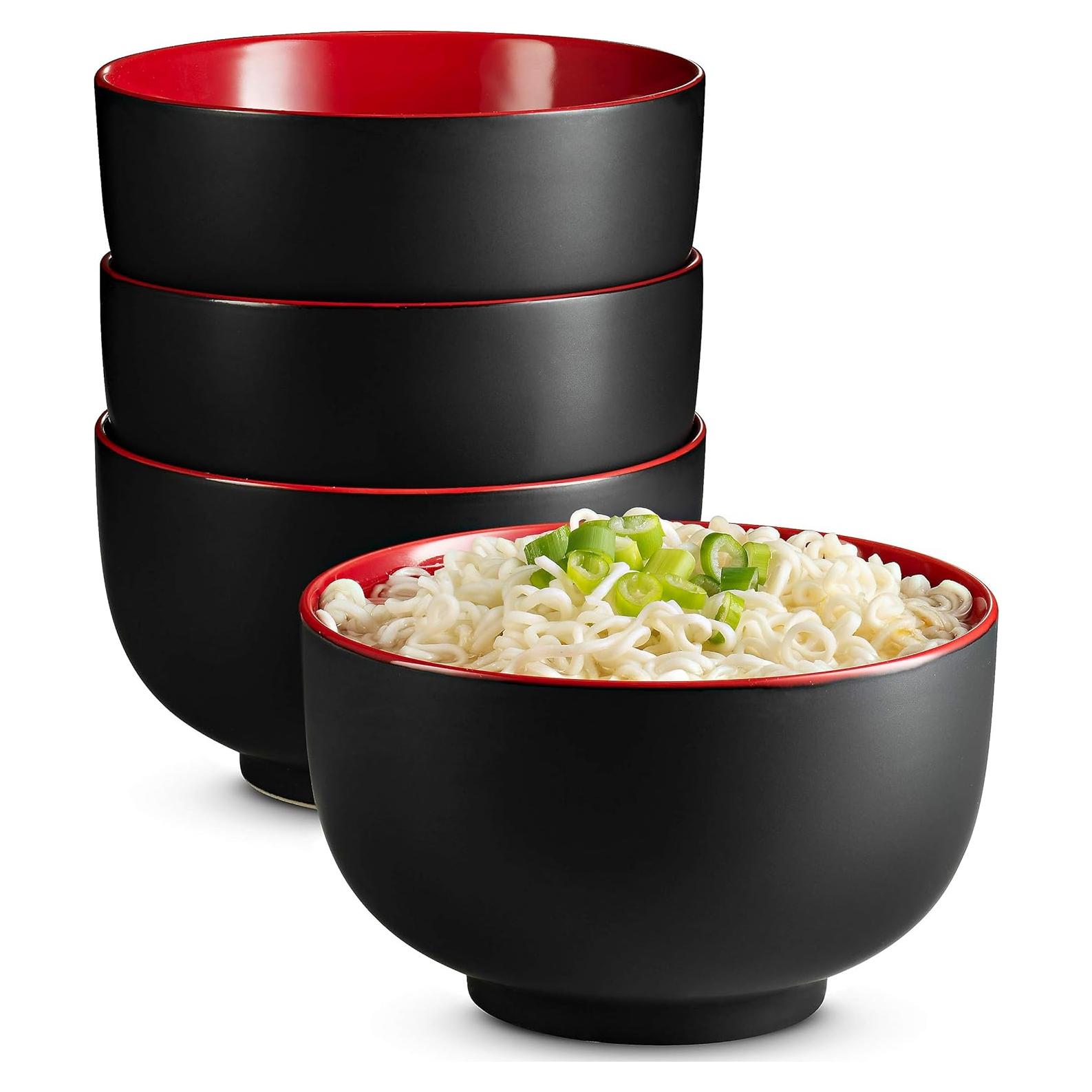 Tazón de Ramen KooK Cerámica 1,01 L Set de 4 Negro/Rojo