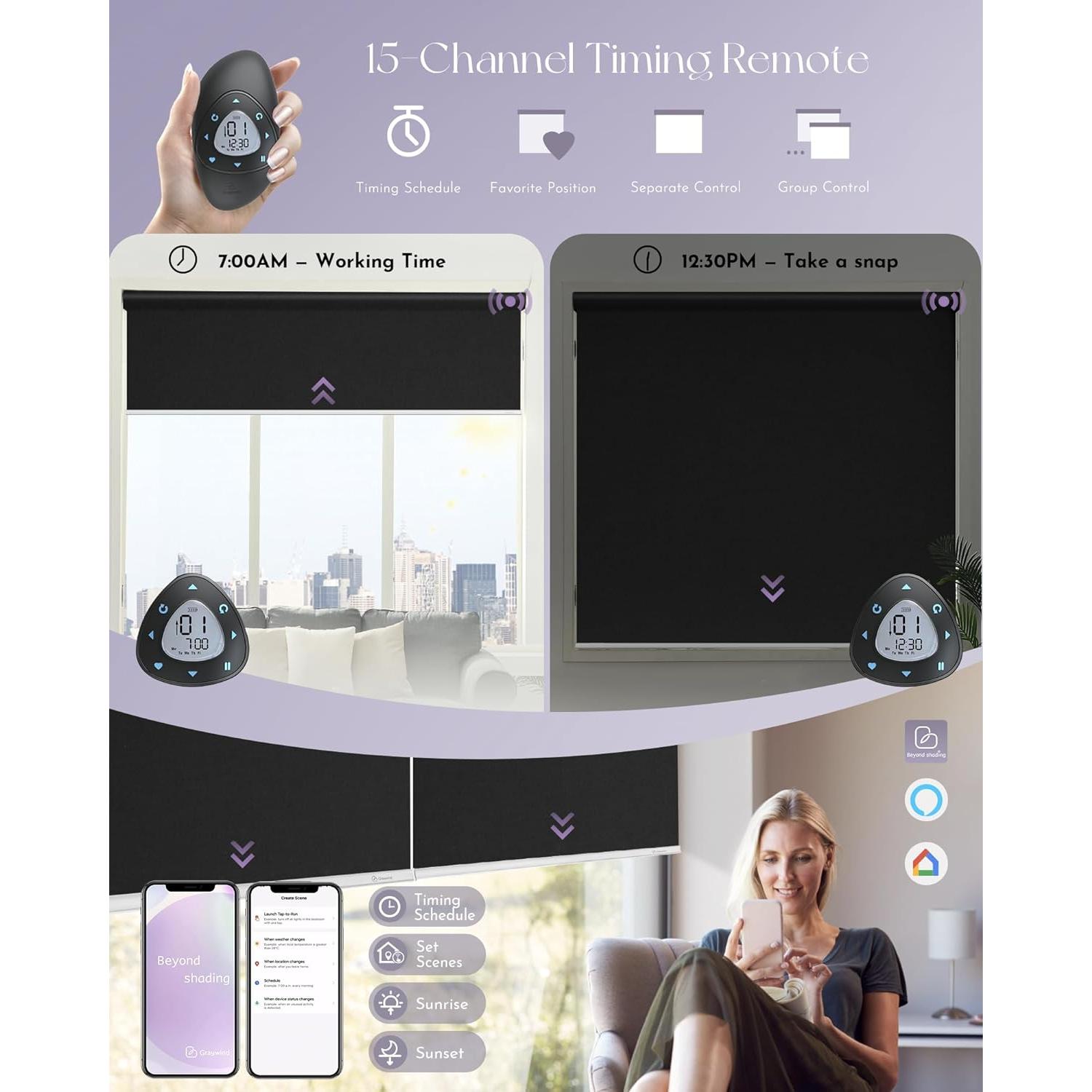 Cortina Enrollable Motorizada Graywind 100% Oscurecimiento Negro