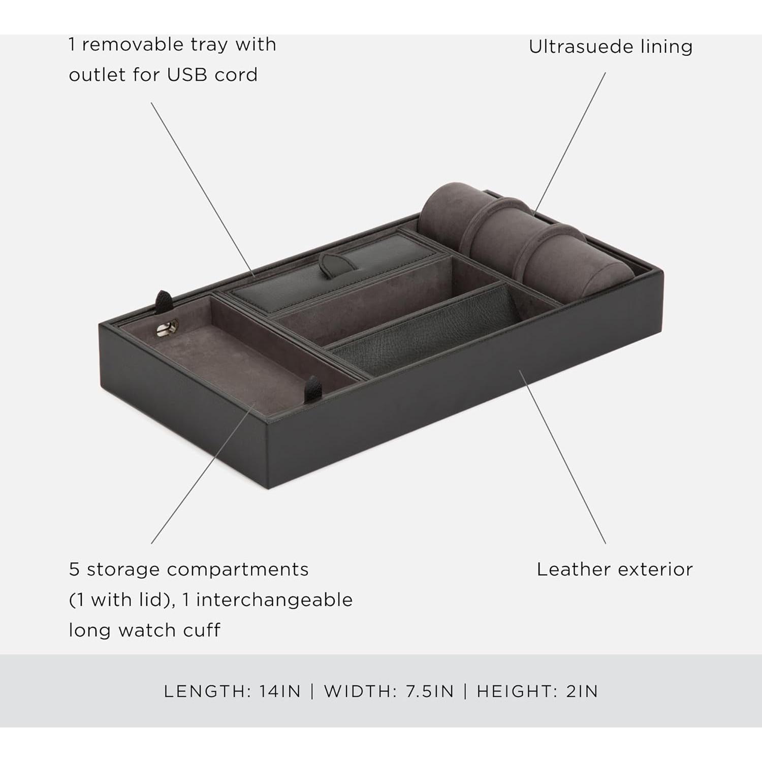 Bandeja de Valet Wolf Blake Cuero Negro y Gris 5 Compartimentos