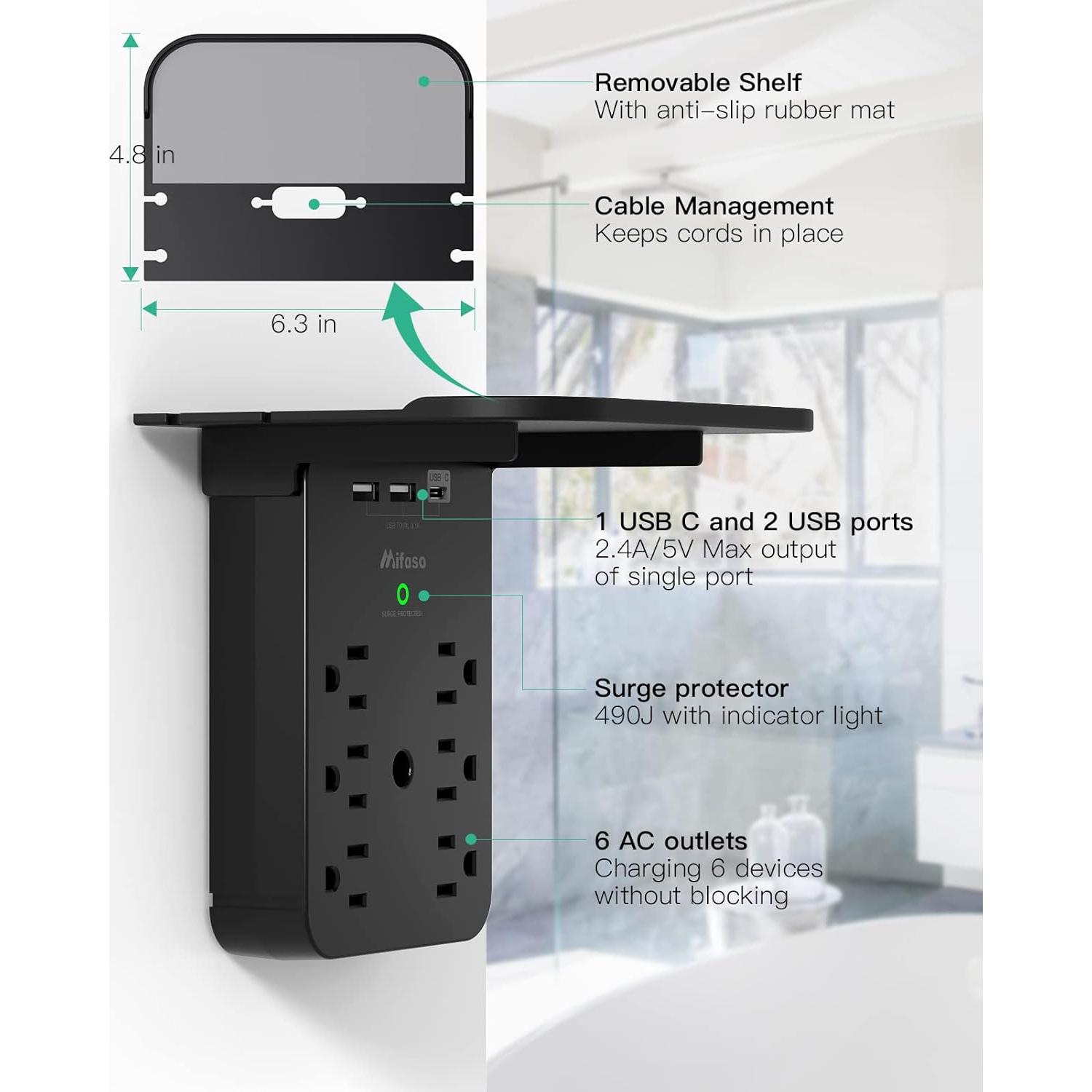 Extensor de Enchufe Mifaso 6 AC + 3 USB Carga Rápida Negro