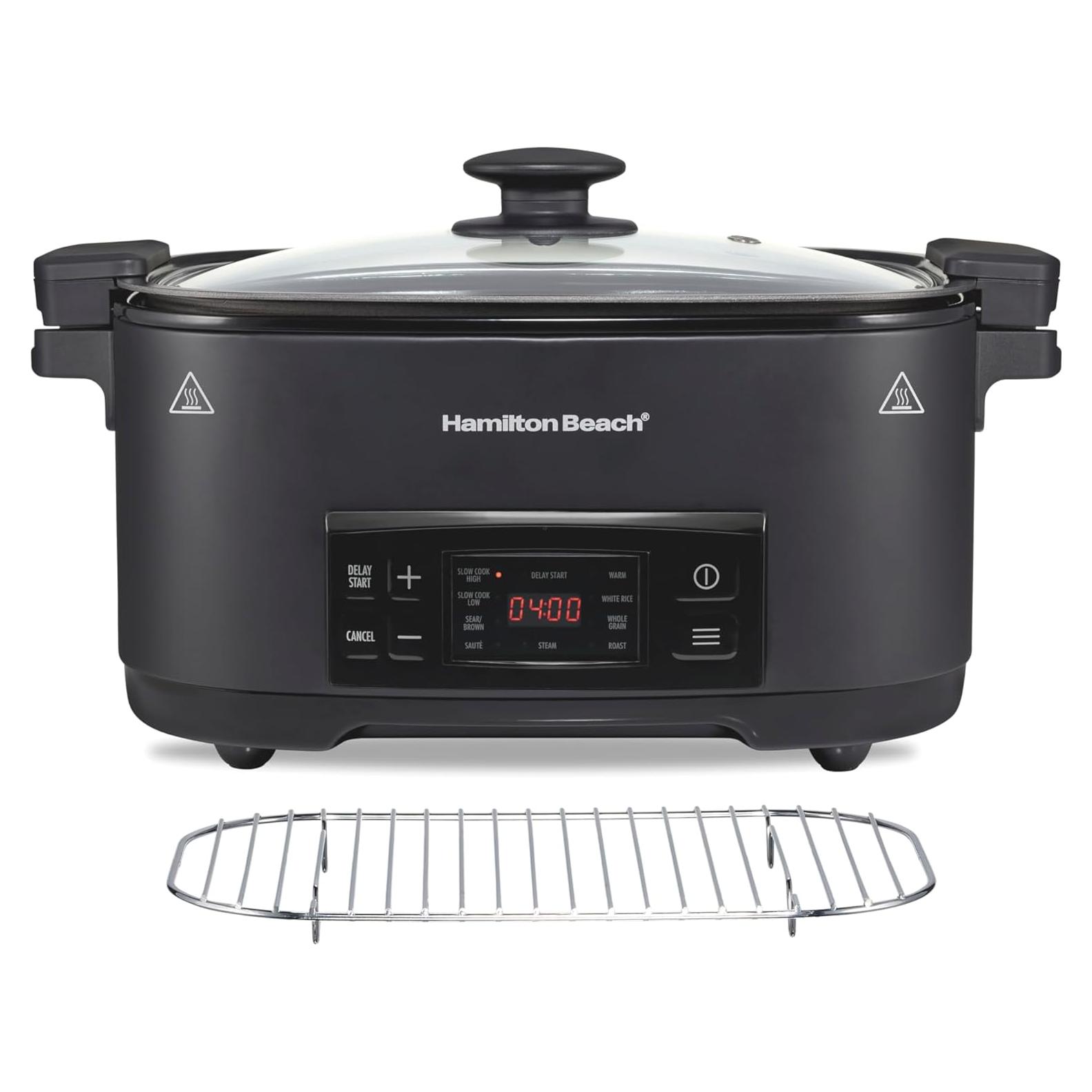 Hamilton Beach 6 Quart 9-in-1 Programmable Slow Cooker with Sear, Browning, Rice, Steam, Sauté, Roast Delay Start & Keep Warm Functions, Nonstick PFAS-Free Dishwasher Safe Crock, Black (33604)