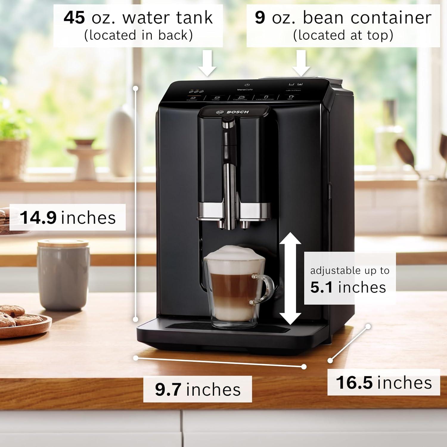 Bosch 300 Series Fully Automatic Espresso and Coffee Machine – In-Cup Frother, OneTouch Milk Drinks, 5 Drink Options, Ceramic Grinder, Easy Clean & Descale, in Black TIU20109