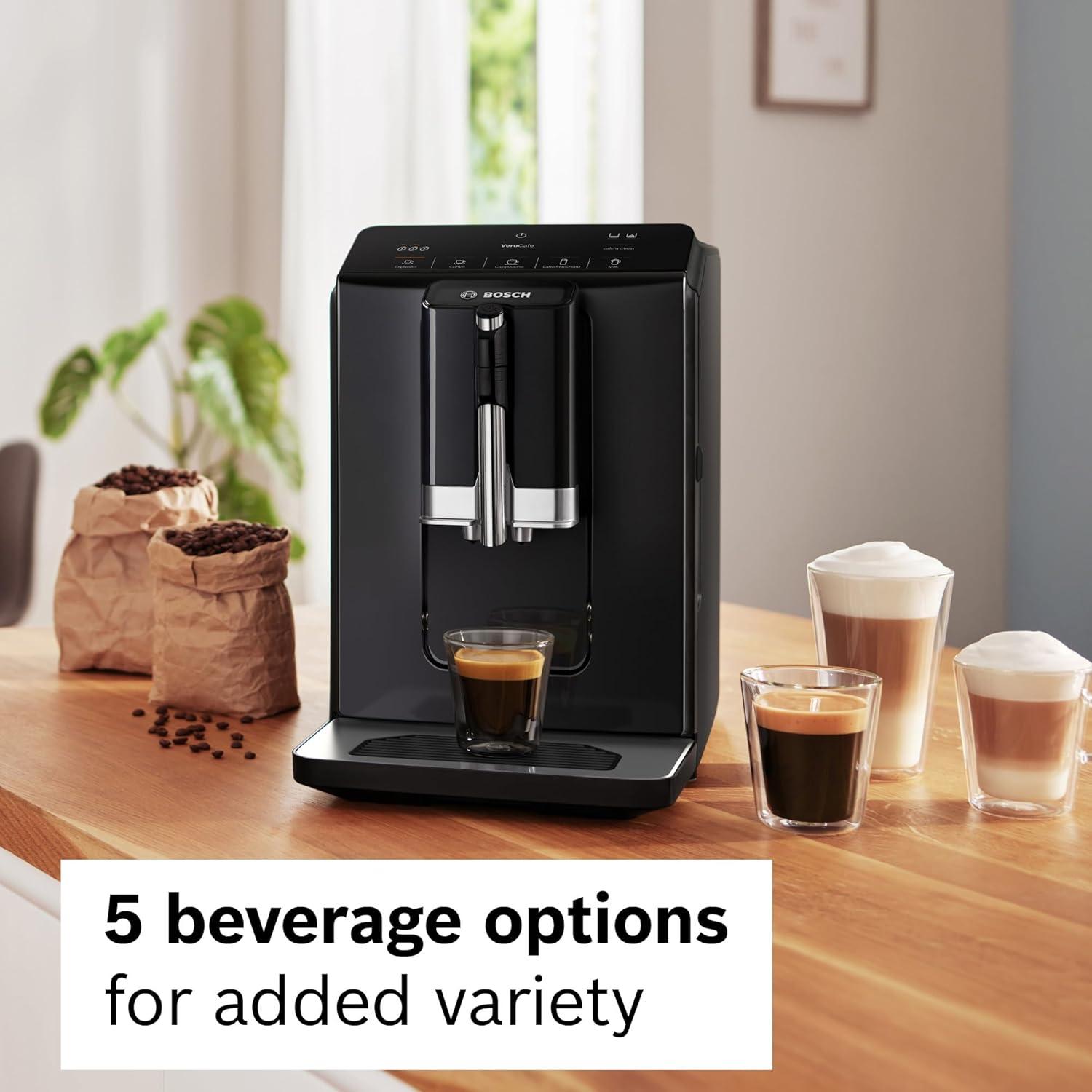 Bosch 300 Series Fully Automatic Espresso and Coffee Machine – In-Cup Frother, OneTouch Milk Drinks, 5 Drink Options, Ceramic Grinder, Easy Clean & Descale, in Black TIU20109