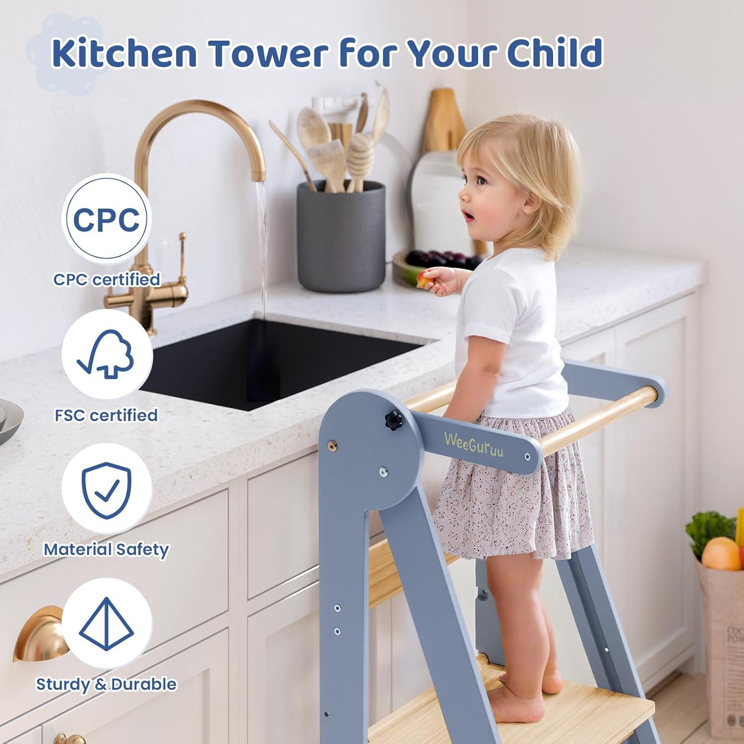 Torre de Cocina Plegable WeeGuruu Ajustable para Niños 18 Meses a 6 Años