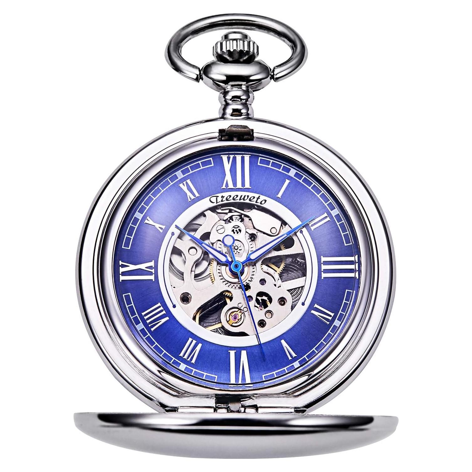 Reloj de bolsillo TREEWETO mecánico con cadena y dial azul
