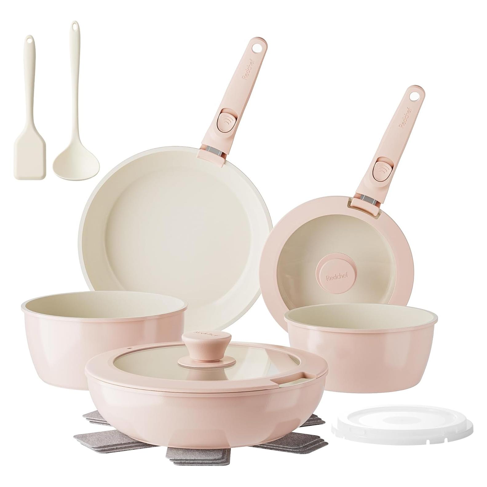 Juego de Sartenes y Ollas Redchef 16 Piezas Cerámica Rosa