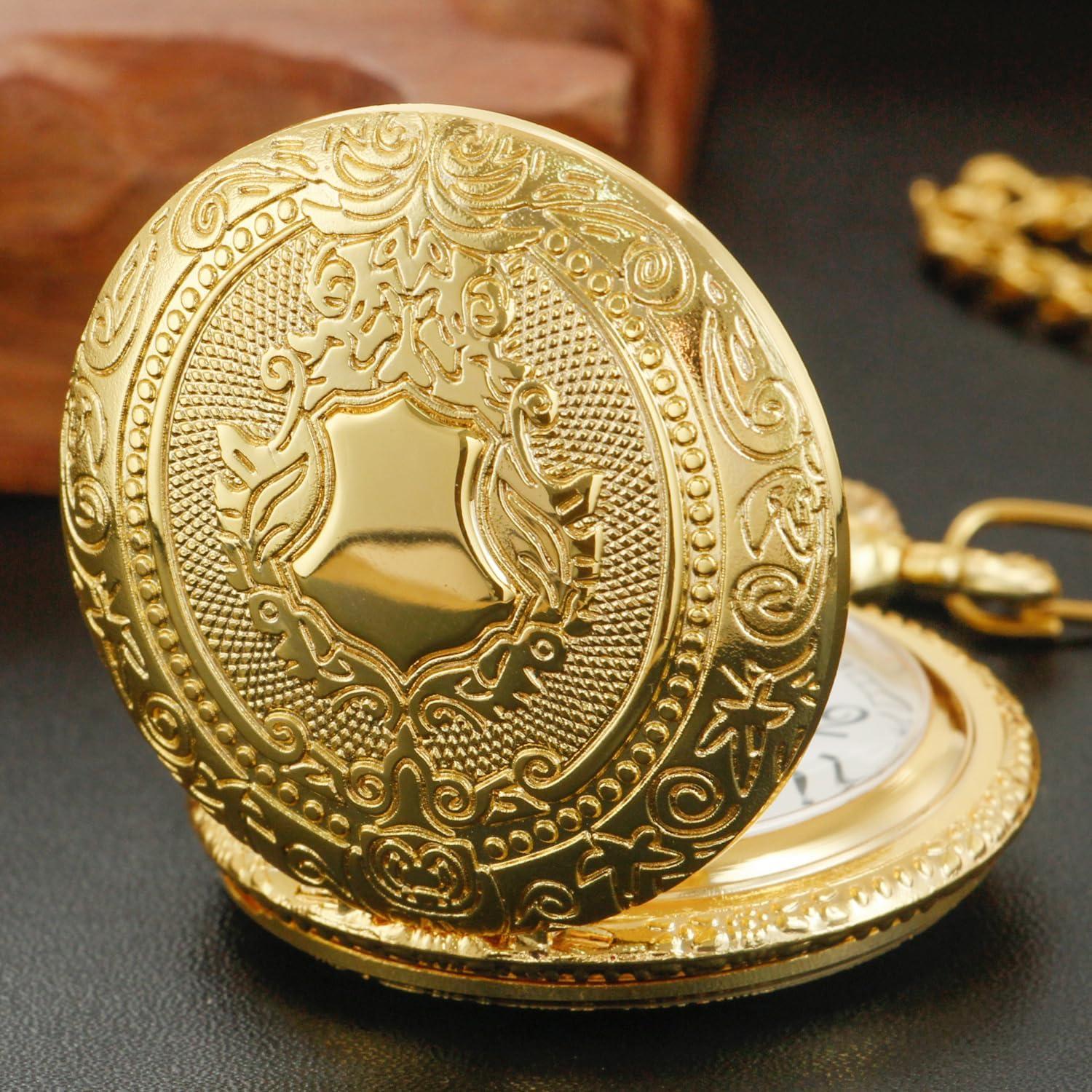 Reloj de bolsillo Gold Shield para hombres con cadena