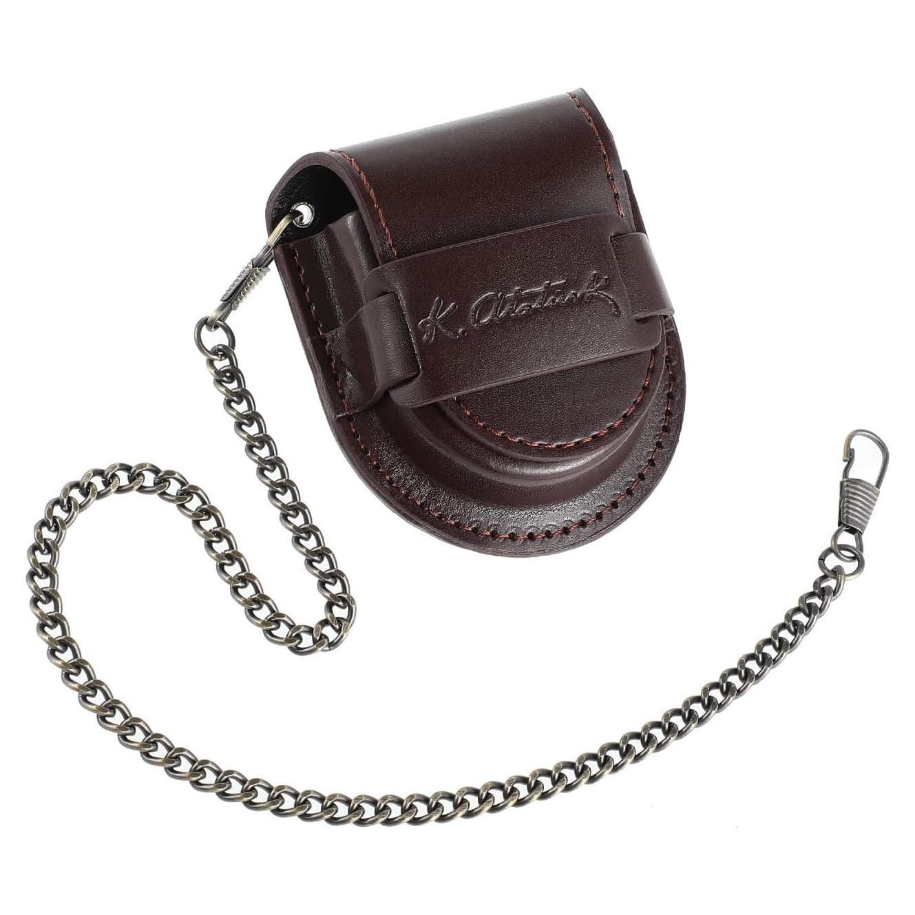 Hemobllo Leather Pocket Watch Pouch - Pocket Watch Leather Case with Bronze Chain Vintage Belt Holder Case for 38mm-45mm