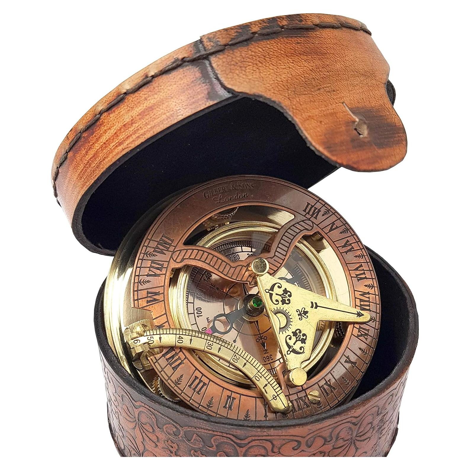 Brass Nautical Reloj de Sol Antiguo en Caja Regalo 9x9 cm