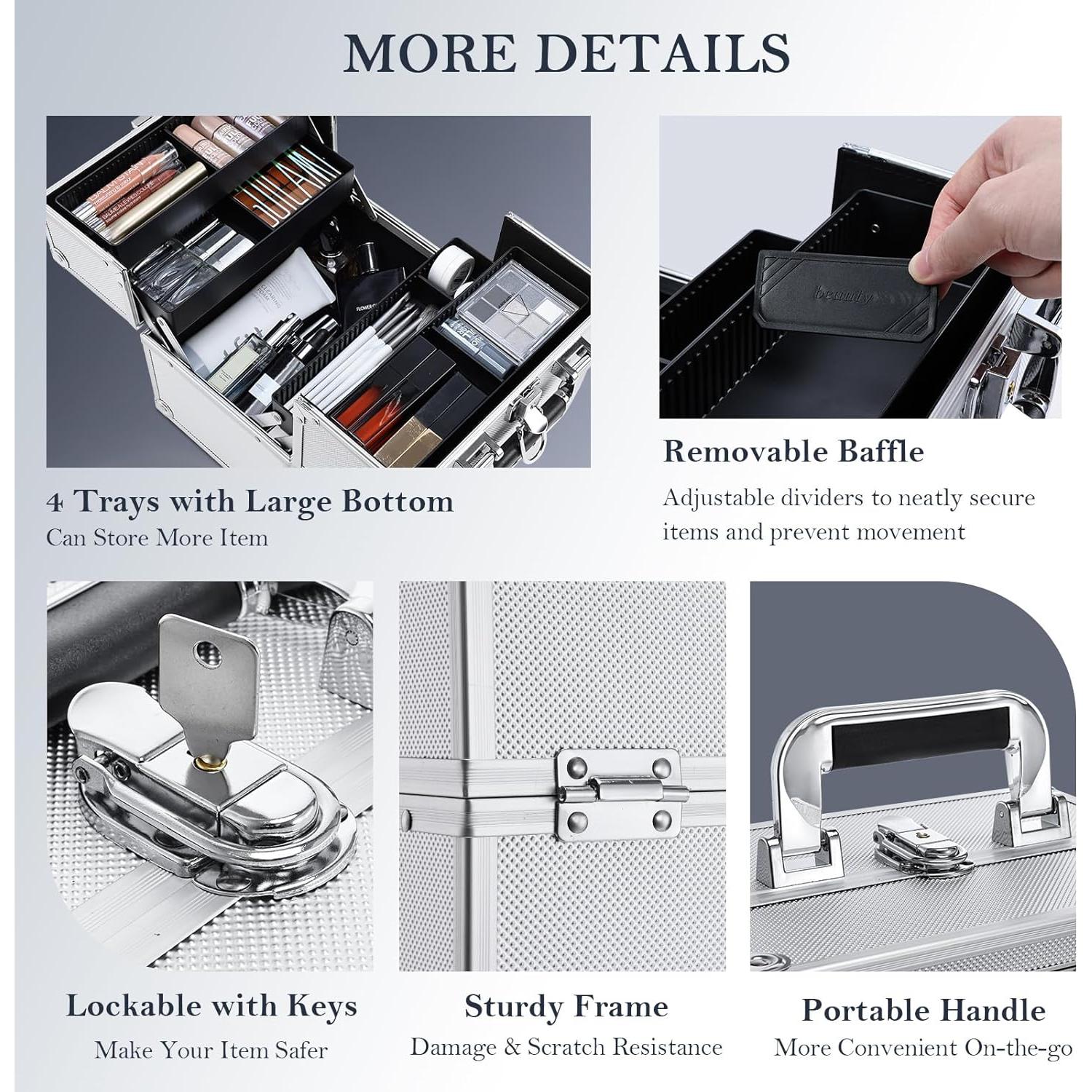 Estuche de Maquillaje Frenessa Plata Organizador Portátil 26.99x18.99cm