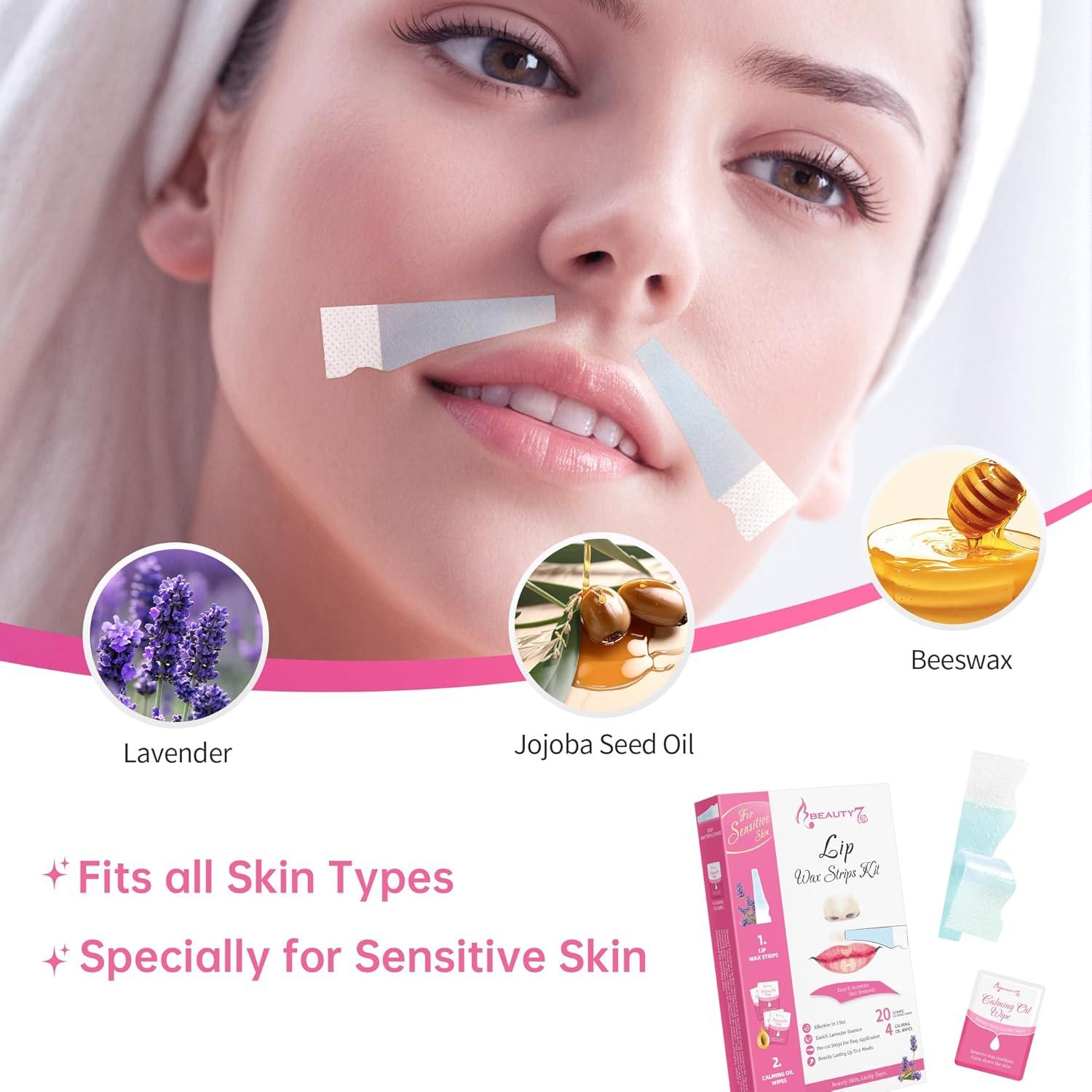 Cintas de Cera Facial Beauty7 para Piel Sensible 20 pcs