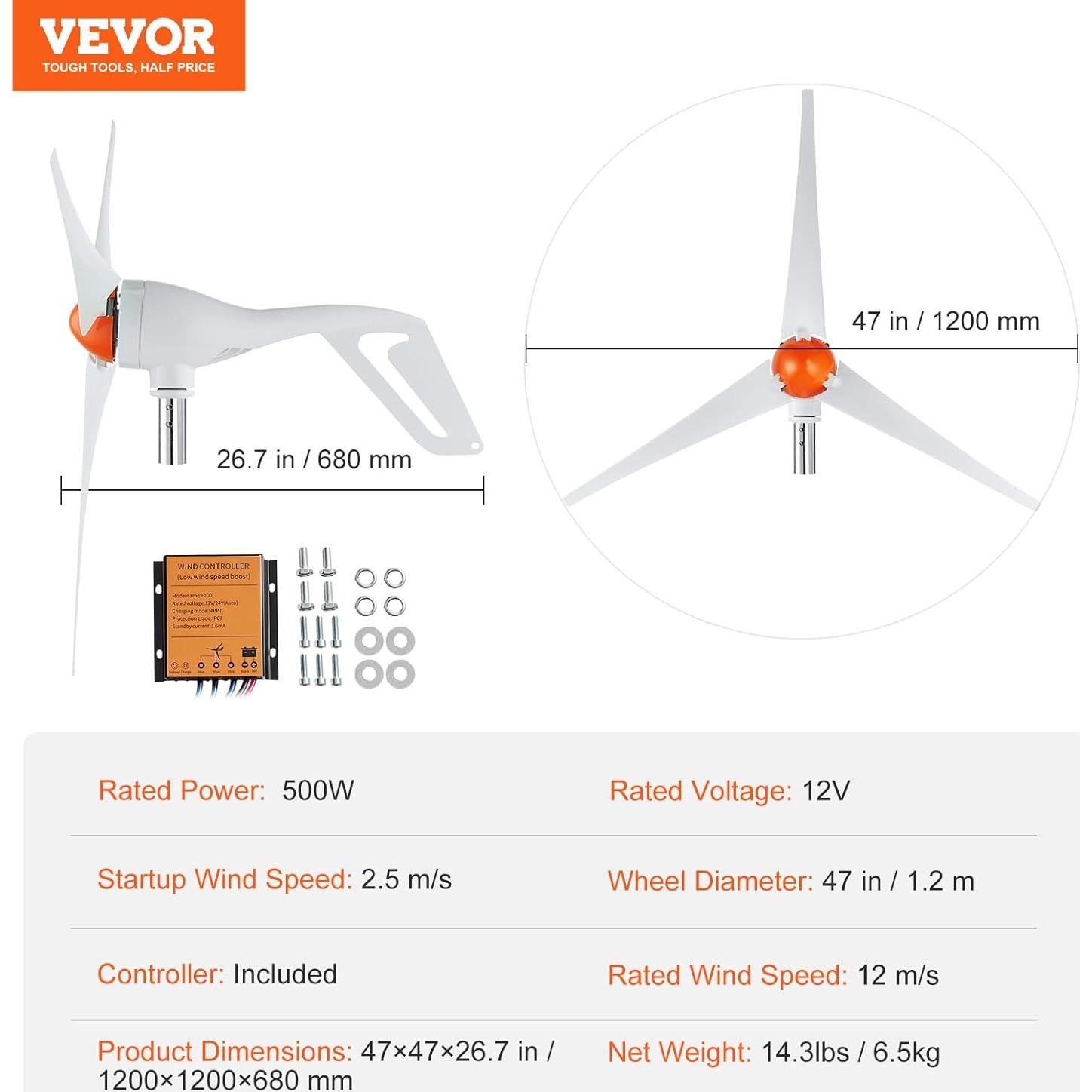 Generador Eólico VEVOR 500W 12V 3 Aspas Controlador MPPT