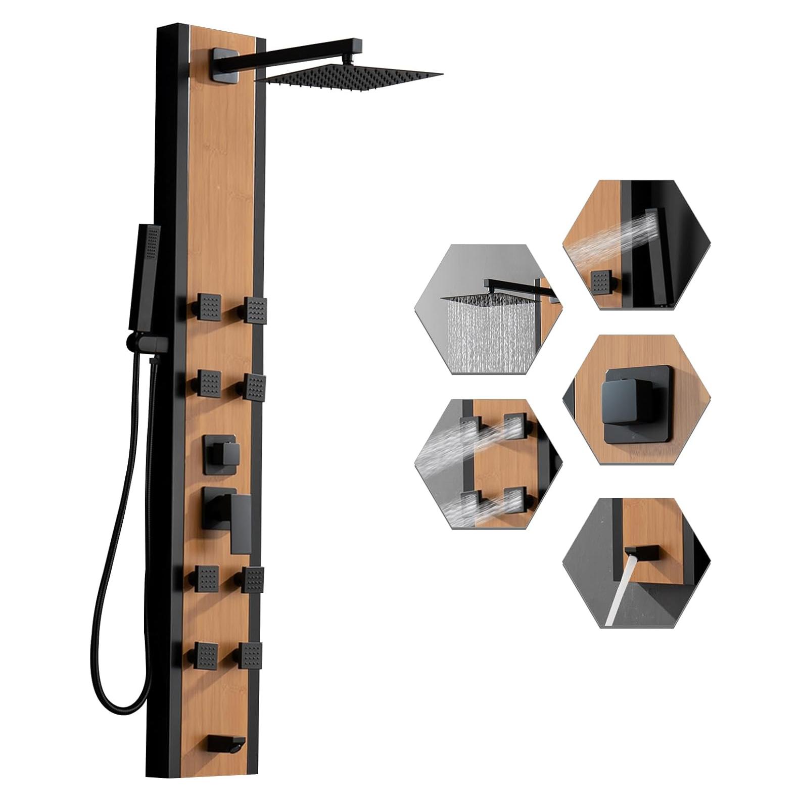 Panel de Ducha BWE Acero Inoxidable 8 Jets Negro y Bambú