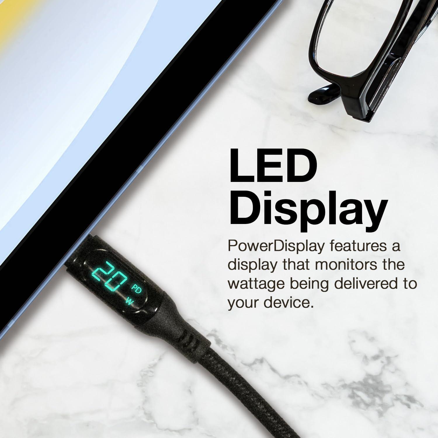 Cable Compatible with Tribit StormBox Flow - PowerDisplay PD Cable (6ft) - USB-C to USB-C (100W), LED Wattage Info Extra Long Braided Nylon - Jet Black