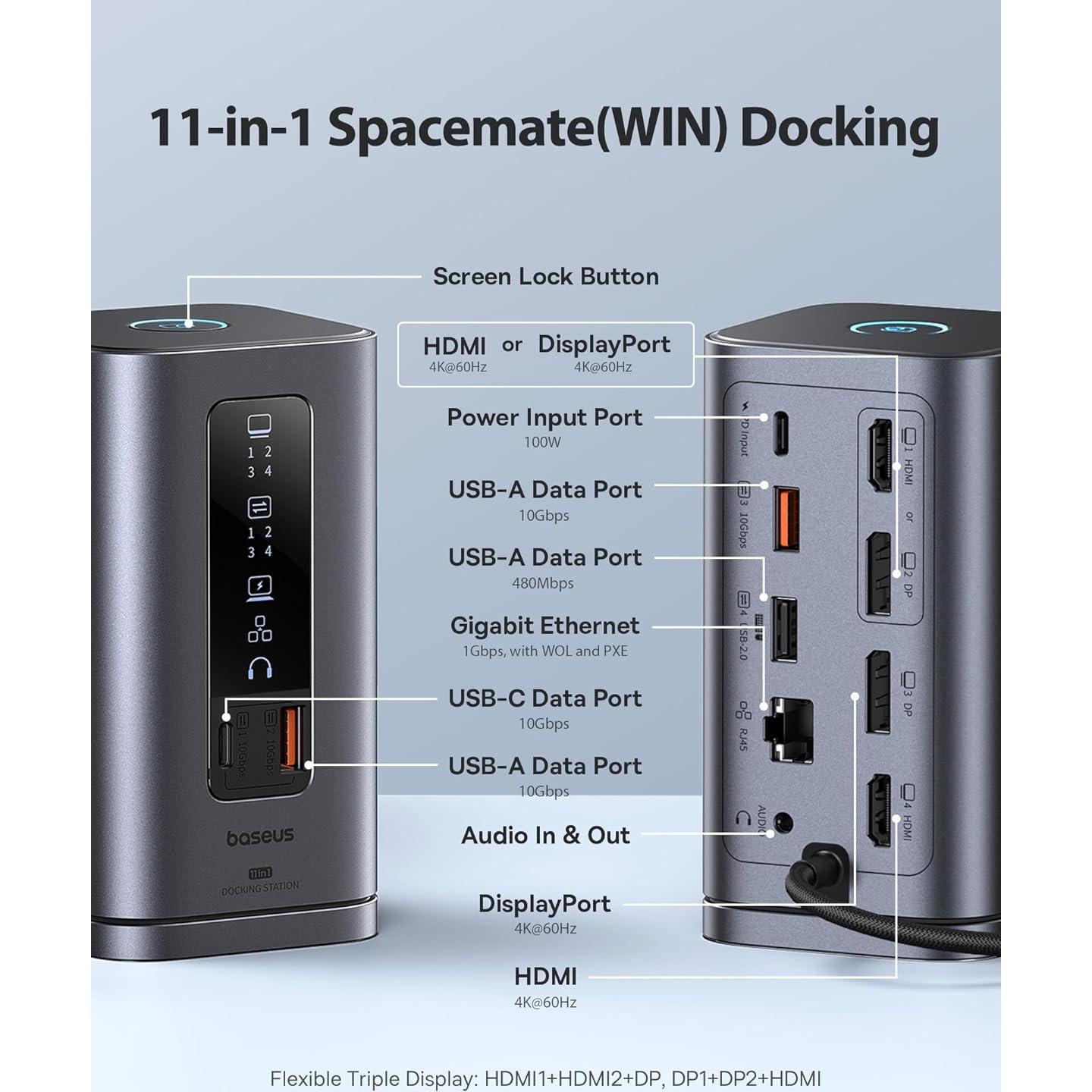 Baseus Estación de Acoplamiento 11 en 1 Triple Pantalla 4K