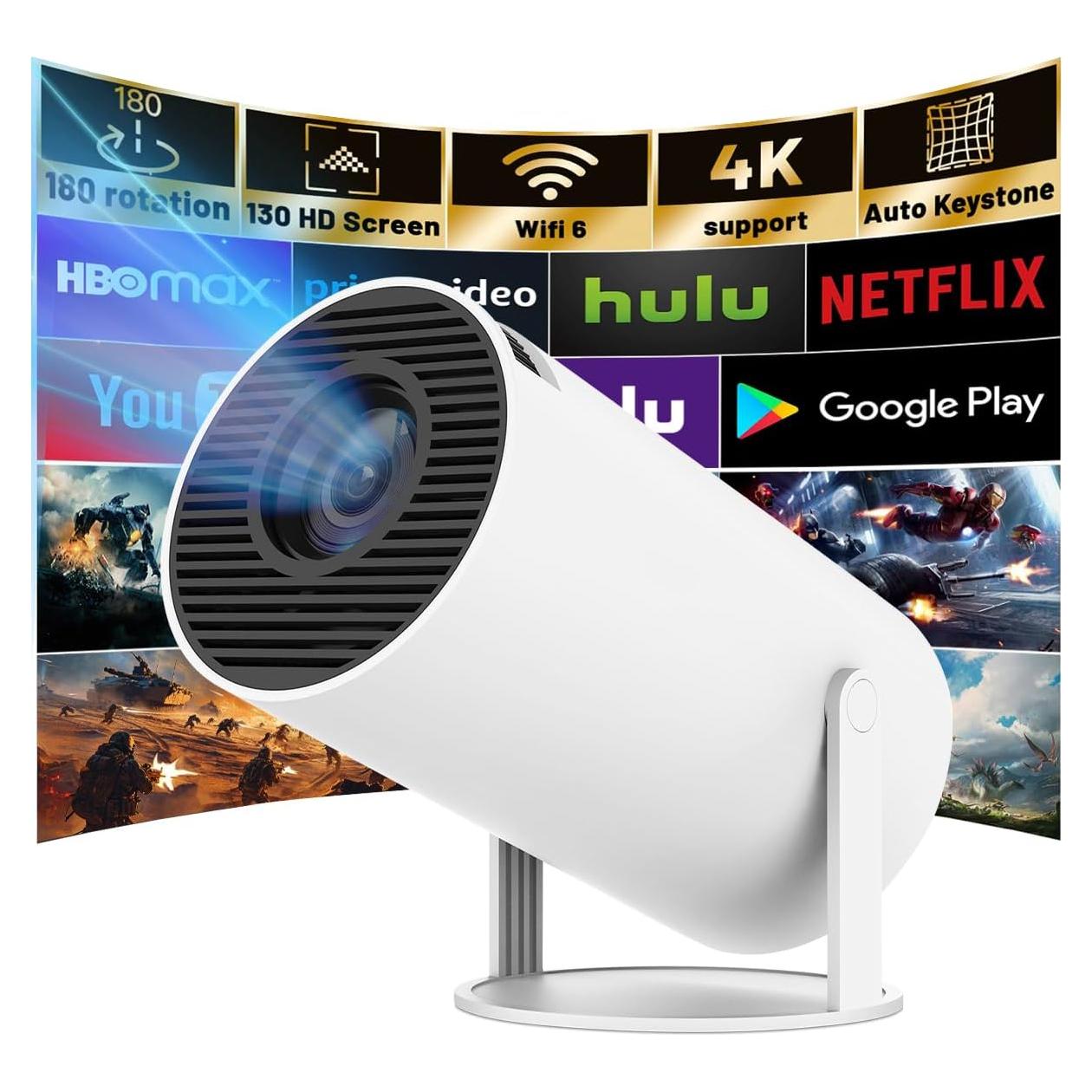 Mini Projector with Android System, HY300PRO 4K 1080P Support Portable Projector with WIFI 6 and Bluetooth, 160 ANSI, Auto Keystone Correction, 130" Screen Video Projector for Laptop/PC/Smartphone
