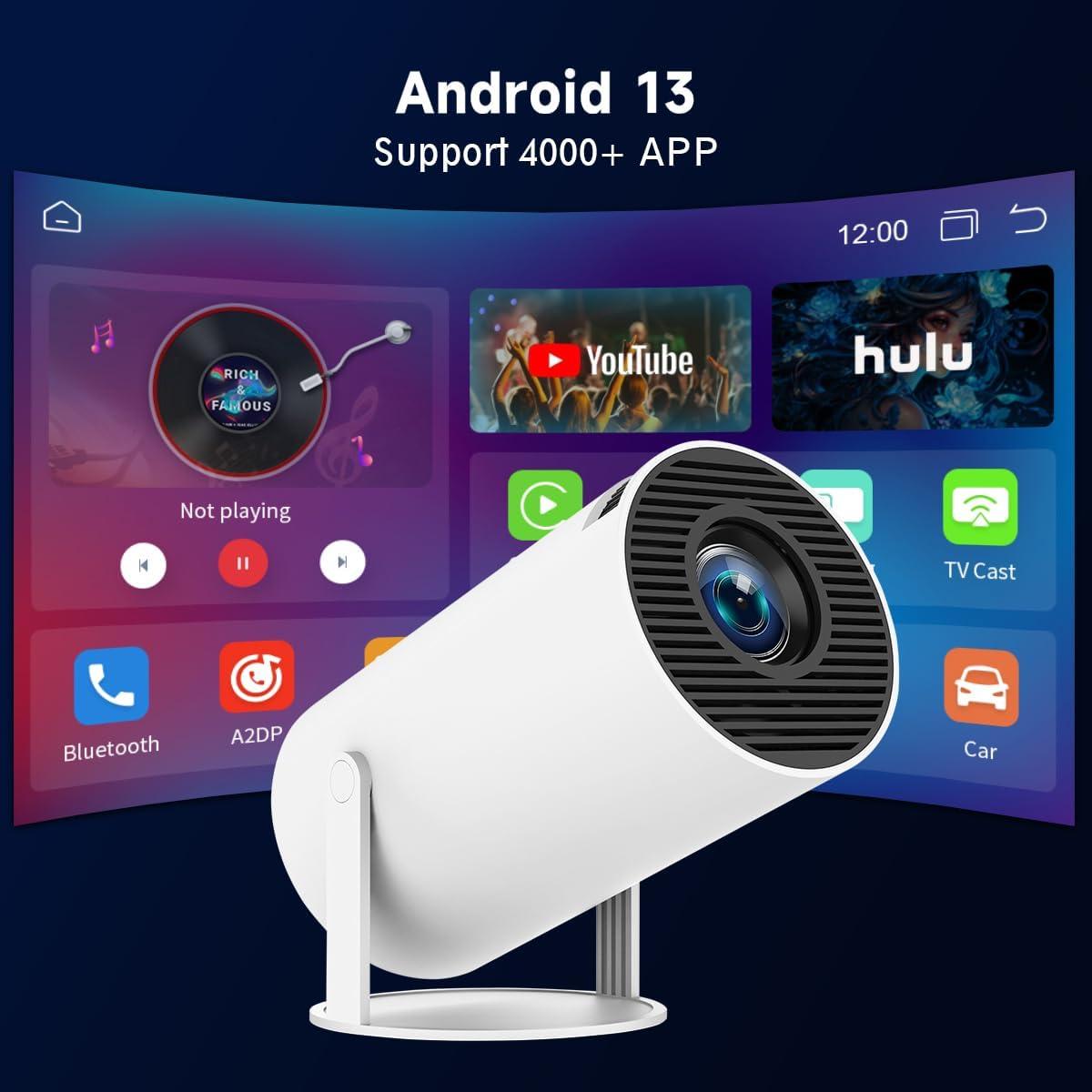 Mini Projector with Android System, HY300PRO 4K 1080P Support Portable Projector with WIFI 6 and Bluetooth, 160 ANSI, Auto Keystone Correction, 130" Screen Video Projector for Laptop/PC/Smartphone