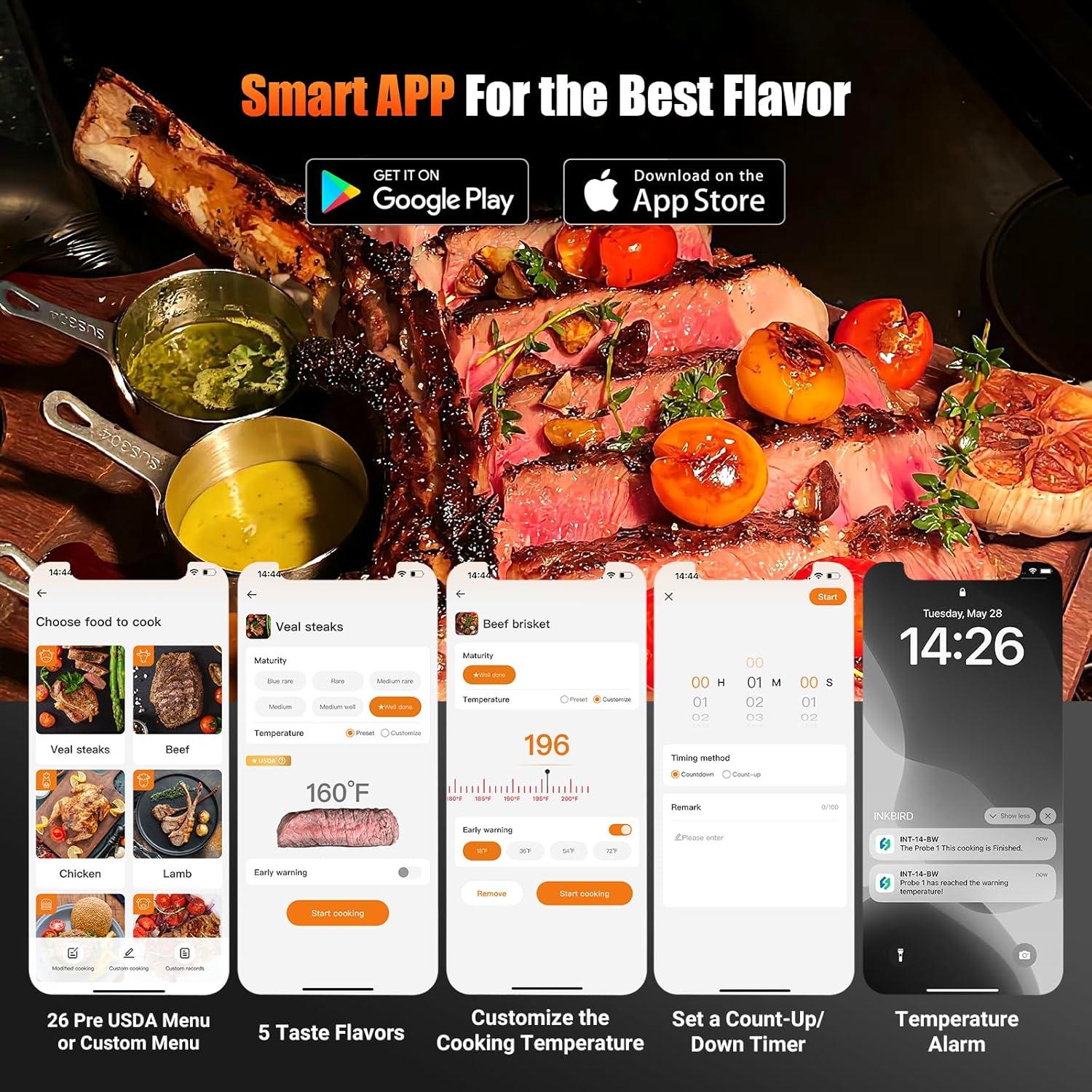 Termómetro de carne WiFi 4 sondas INKBIRD INT-14-BW