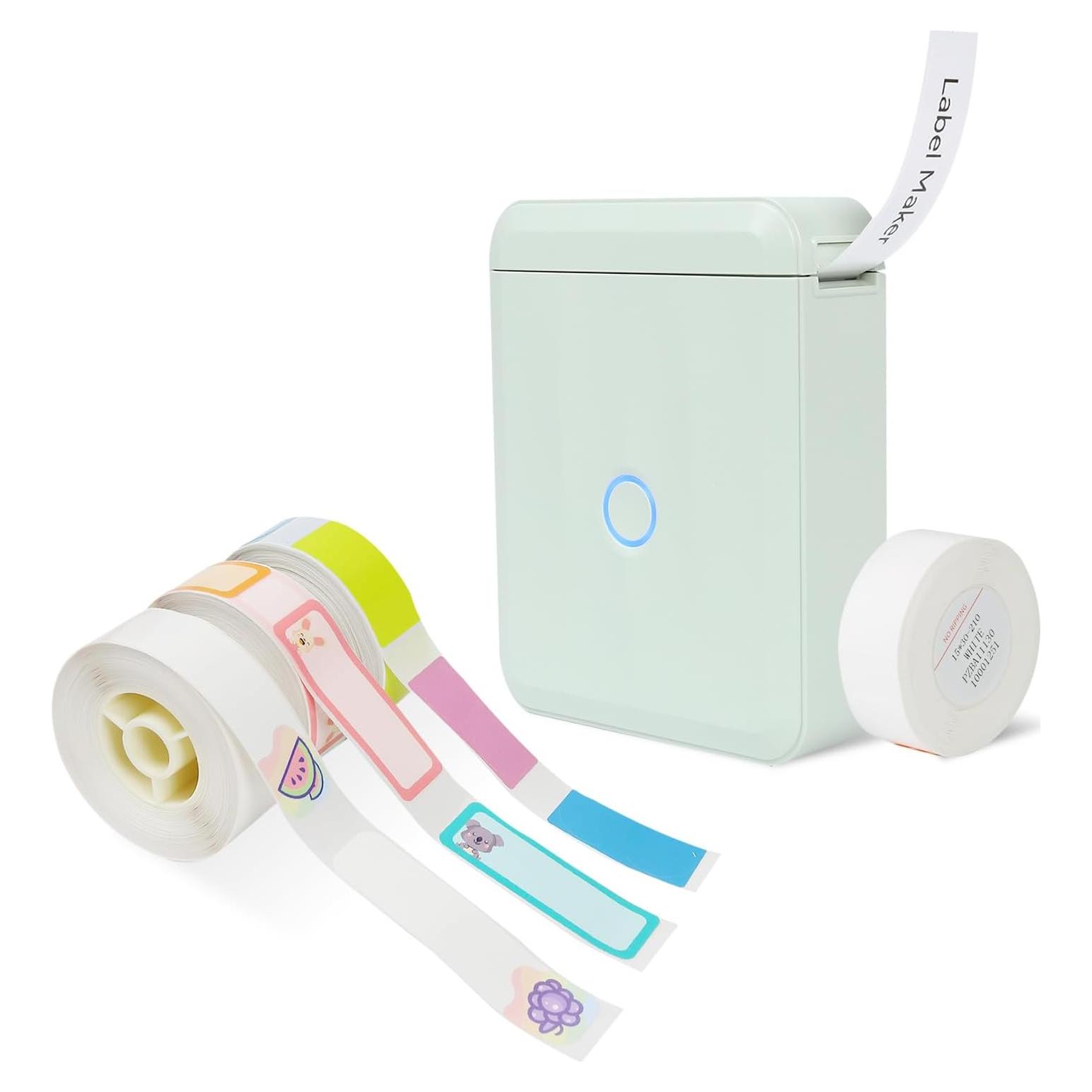 D110M Green Label Maker Machine with Tape+3 Rolls Animals, Mini Round,Fruit Colorful Label Maker Tape